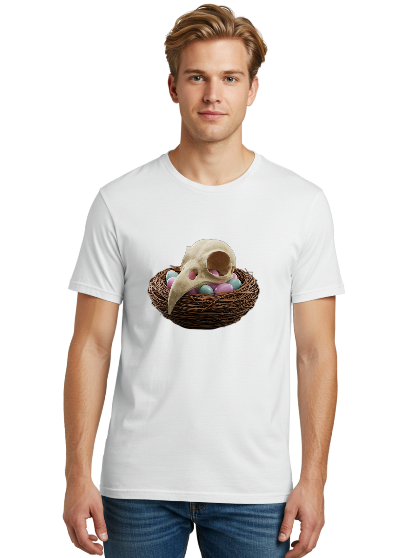 Crow-Skull-In-Nest Men'S Graphic Tee, 100% Cotton, Comfortable Casual Summer Wear, Machine Washable, Bird Skull In Nest, Pastel Eggs, Nest With Eggs, Bird Nest, Unusual Art, Surrealism, Quirky Decor, Unique Design, Bird Skull Art, Baa419 4