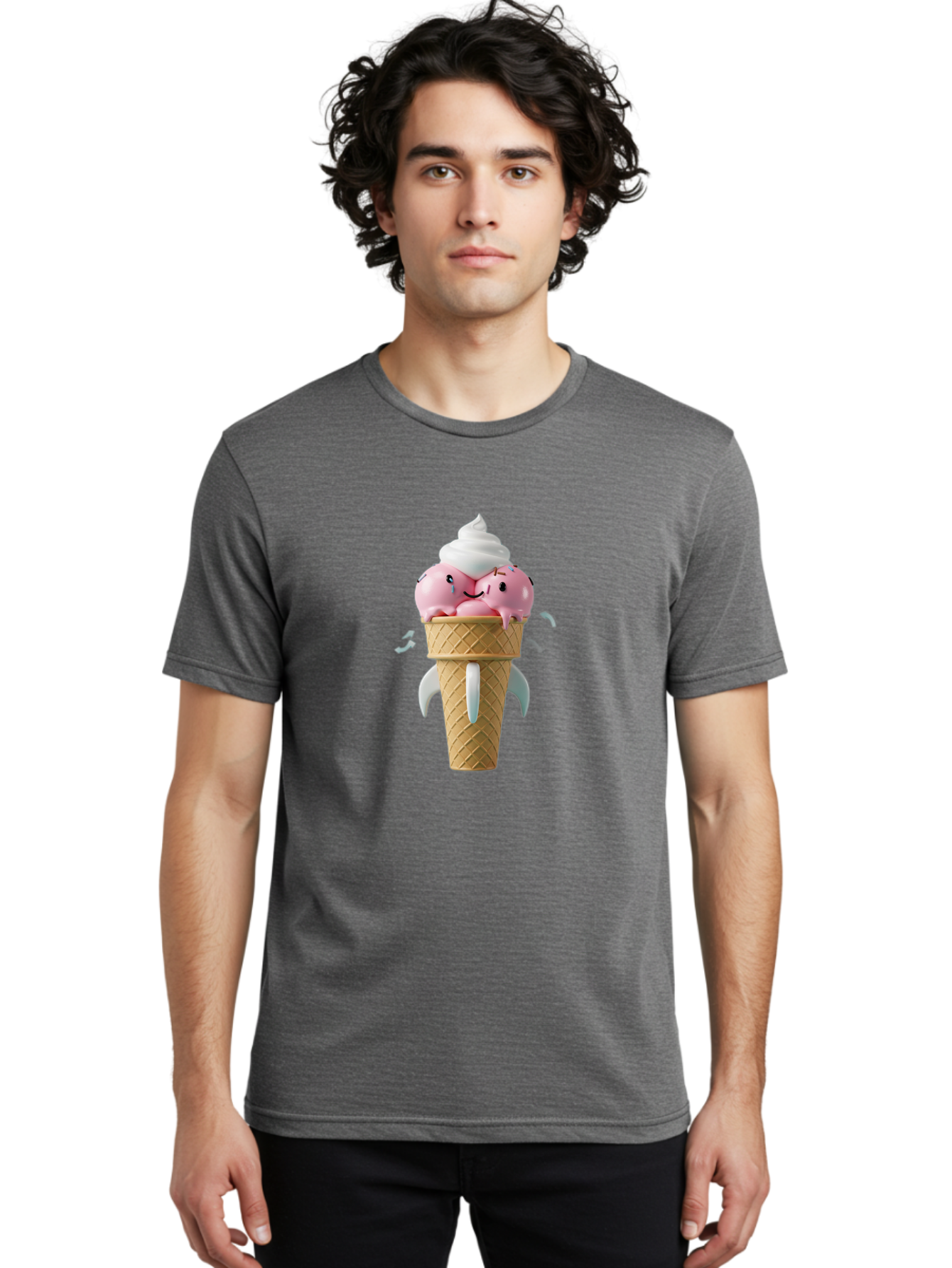 Crying-Ice-Cream Men'S Graphic Tee, 100% Cotton, Comfortable Casual Summer Wear, Machine Washable, Ice Cream Cone, Pink Ice Cream, Walrus Face, Cartoon Character, Fun Design, Sweet Treat, Whimsical Illustration, Playful Art, Ice Cream Lover, Baa422 12