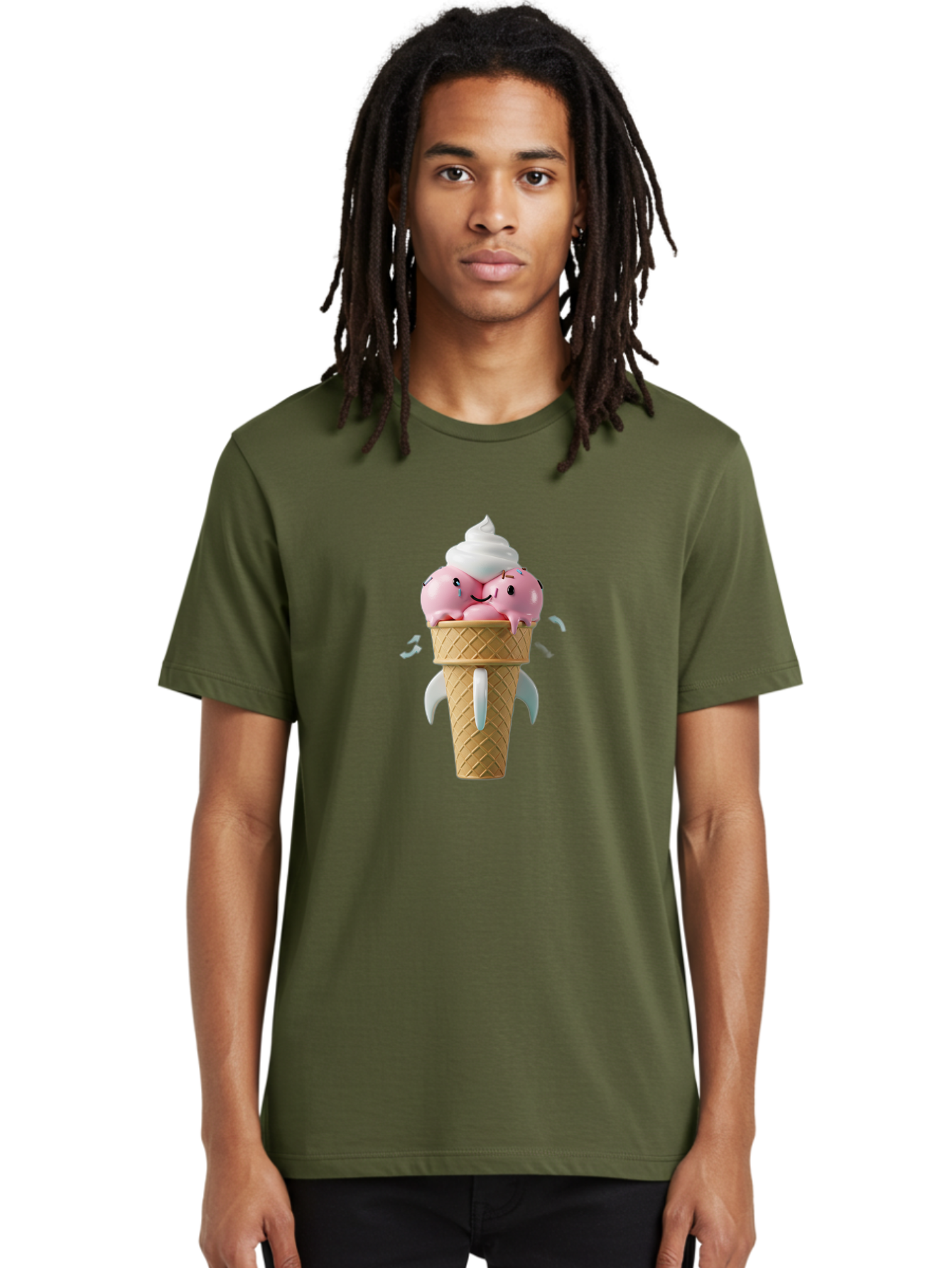 Crying-Ice-Cream Men'S Graphic Tee, 100% Cotton, Comfortable Casual Summer Wear, Machine Washable, Ice Cream Cone, Pink Ice Cream, Walrus Face, Cartoon Character, Fun Design, Sweet Treat, Whimsical Illustration, Playful Art, Ice Cream Lover, Baa422 8