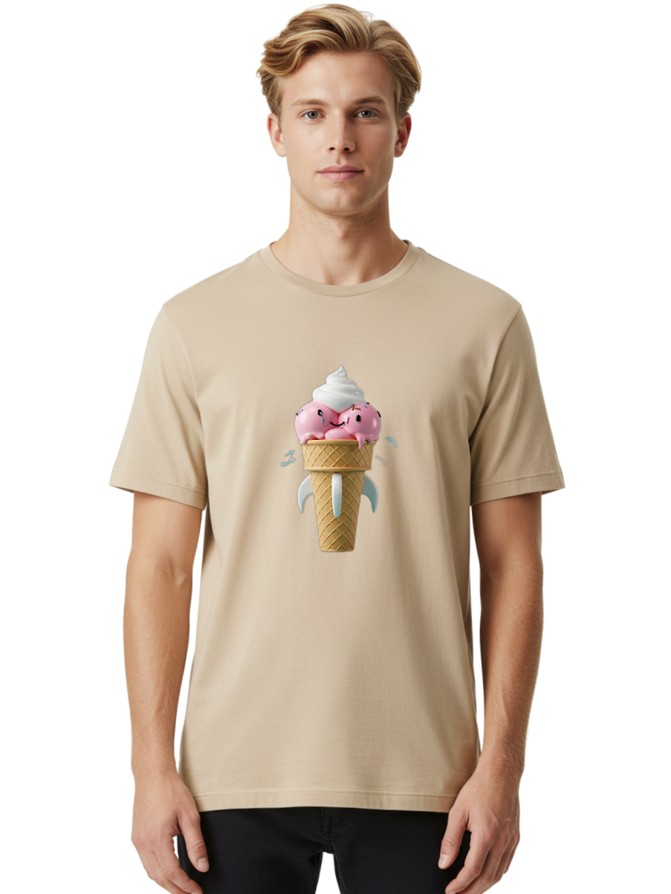 Crying-Ice-Cream Men'S Graphic Tee, 100% Cotton, Comfortable Casual Summer Wear, Machine Washable, Ice Cream Cone, Pink Ice Cream, Walrus Face, Cartoon Character, Fun Design, Sweet Treat, Whimsical Illustration, Playful Art, Ice Cream Lover, Baa422 30