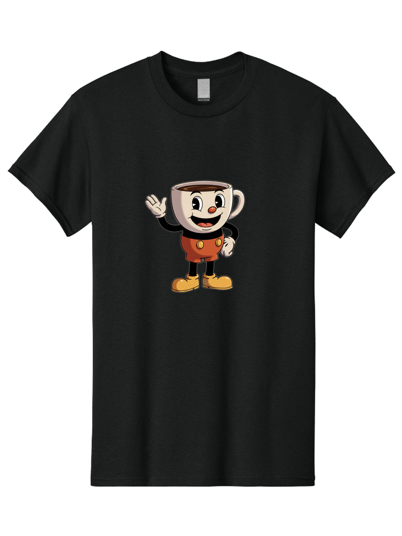 Cuphead Men'S Graphic Tee, 100% Cotton, Comfortable Casual Summer Wear, Machine Washable, Cartoon Character, Coffee Cup, Anthropomorphic Design, Smiling Face, Waving Hand, Orange Overalls, Yellow Buttons, Black Sleeves, White Gloves, Baa425 13