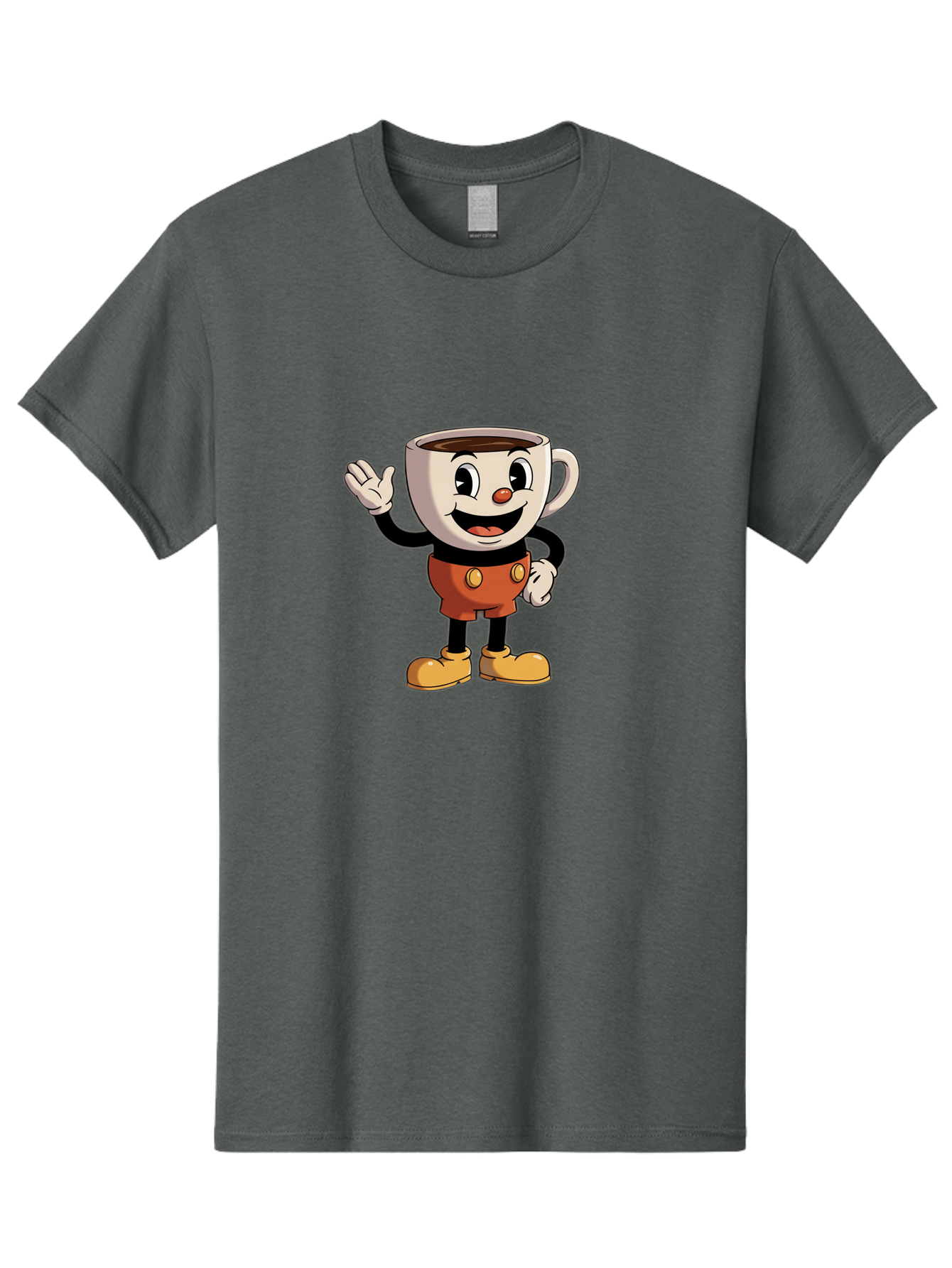 Cuphead Men'S Graphic Tee, 100% Cotton, Comfortable Casual Summer Wear, Machine Washable, Cartoon Character, Coffee Cup, Anthropomorphic Design, Smiling Face, Waving Hand, Orange Overalls, Yellow Buttons, Black Sleeves, White Gloves, Baa425 19