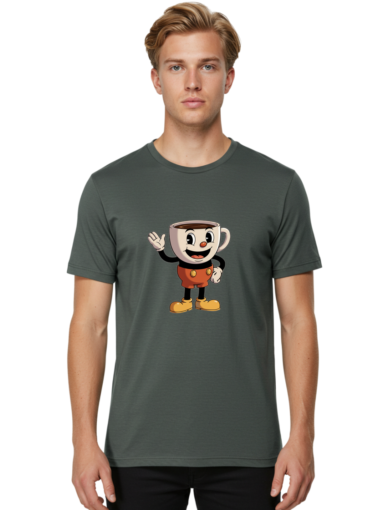 Cuphead Men'S Graphic Tee, 100% Cotton, Comfortable Casual Summer Wear, Machine Washable, Cartoon Character, Coffee Cup, Anthropomorphic Design, Smiling Face, Waving Hand, Orange Overalls, Yellow Buttons, Black Sleeves, White Gloves, Baa425 20
