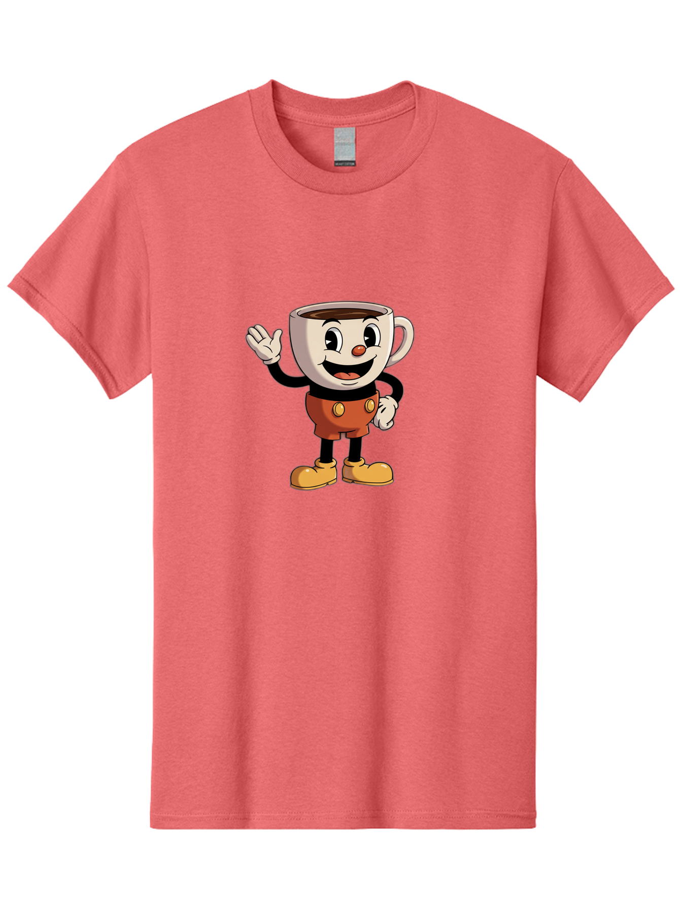 Cuphead Men'S Graphic Tee, 100% Cotton, Comfortable Casual Summer Wear, Machine Washable, Cartoon Character, Coffee Cup, Anthropomorphic Design, Smiling Face, Waving Hand, Orange Overalls, Yellow Buttons, Black Sleeves, White Gloves, Baa425 11