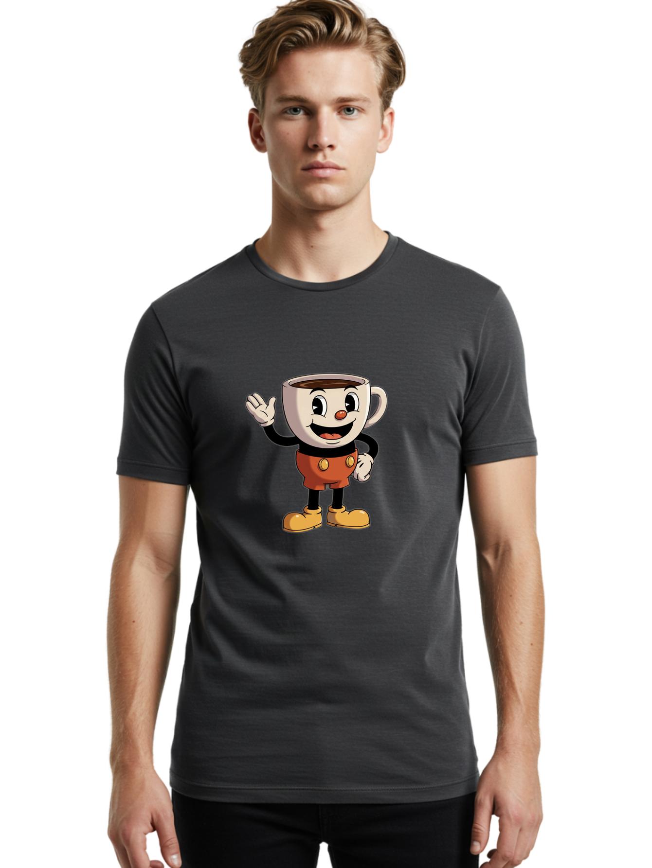 Cuphead Men'S Graphic Tee, 100% Cotton, Comfortable Casual Summer Wear, Machine Washable, Cartoon Character, Coffee Cup, Anthropomorphic Design, Smiling Face, Waving Hand, Orange Overalls, Yellow Buttons, Black Sleeves, White Gloves, Baa425 4