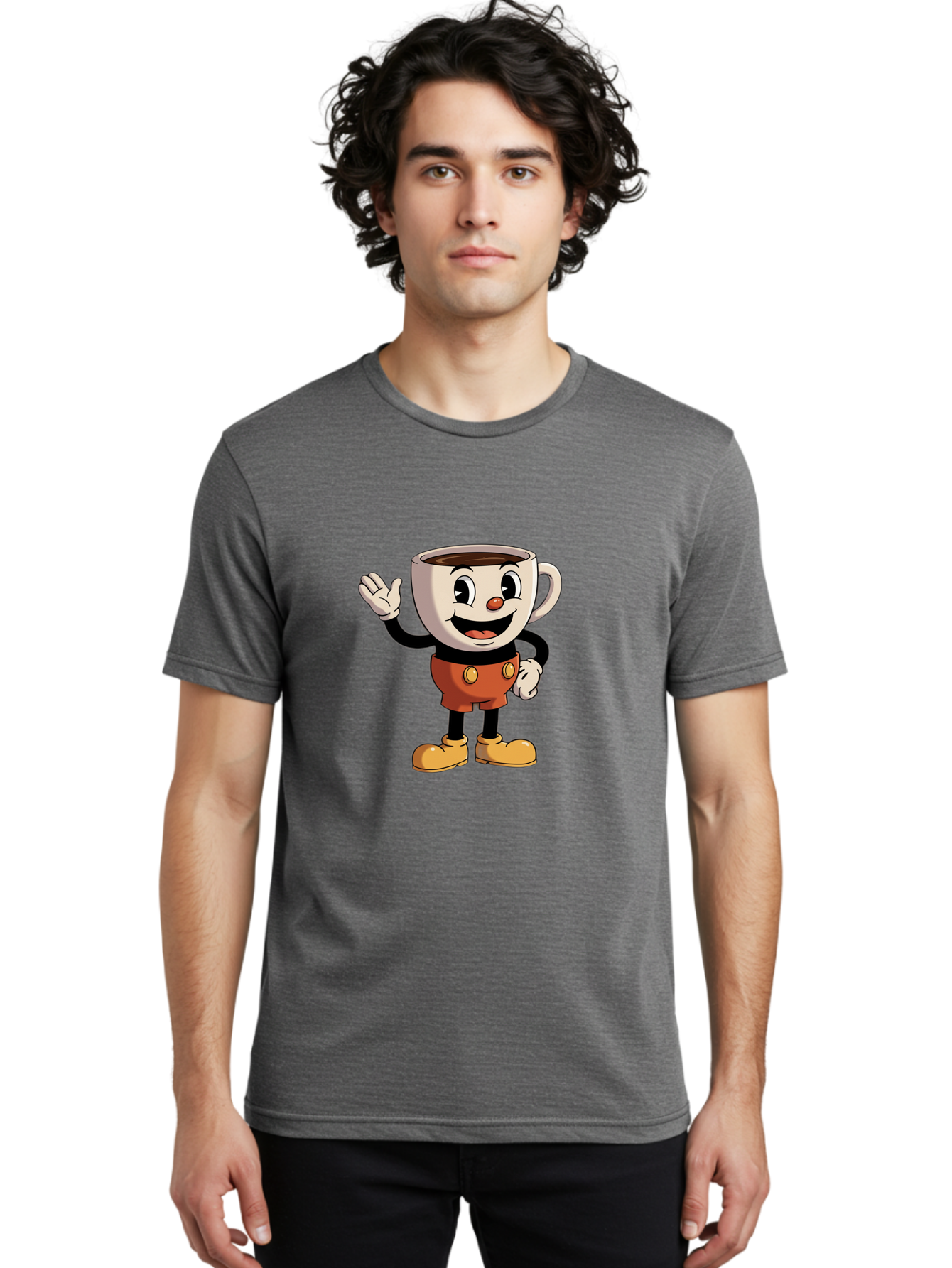 Cuphead Men'S Graphic Tee, 100% Cotton, Comfortable Casual Summer Wear, Machine Washable, Cartoon Character, Coffee Cup, Anthropomorphic Design, Smiling Face, Waving Hand, Orange Overalls, Yellow Buttons, Black Sleeves, White Gloves, Baa425 10