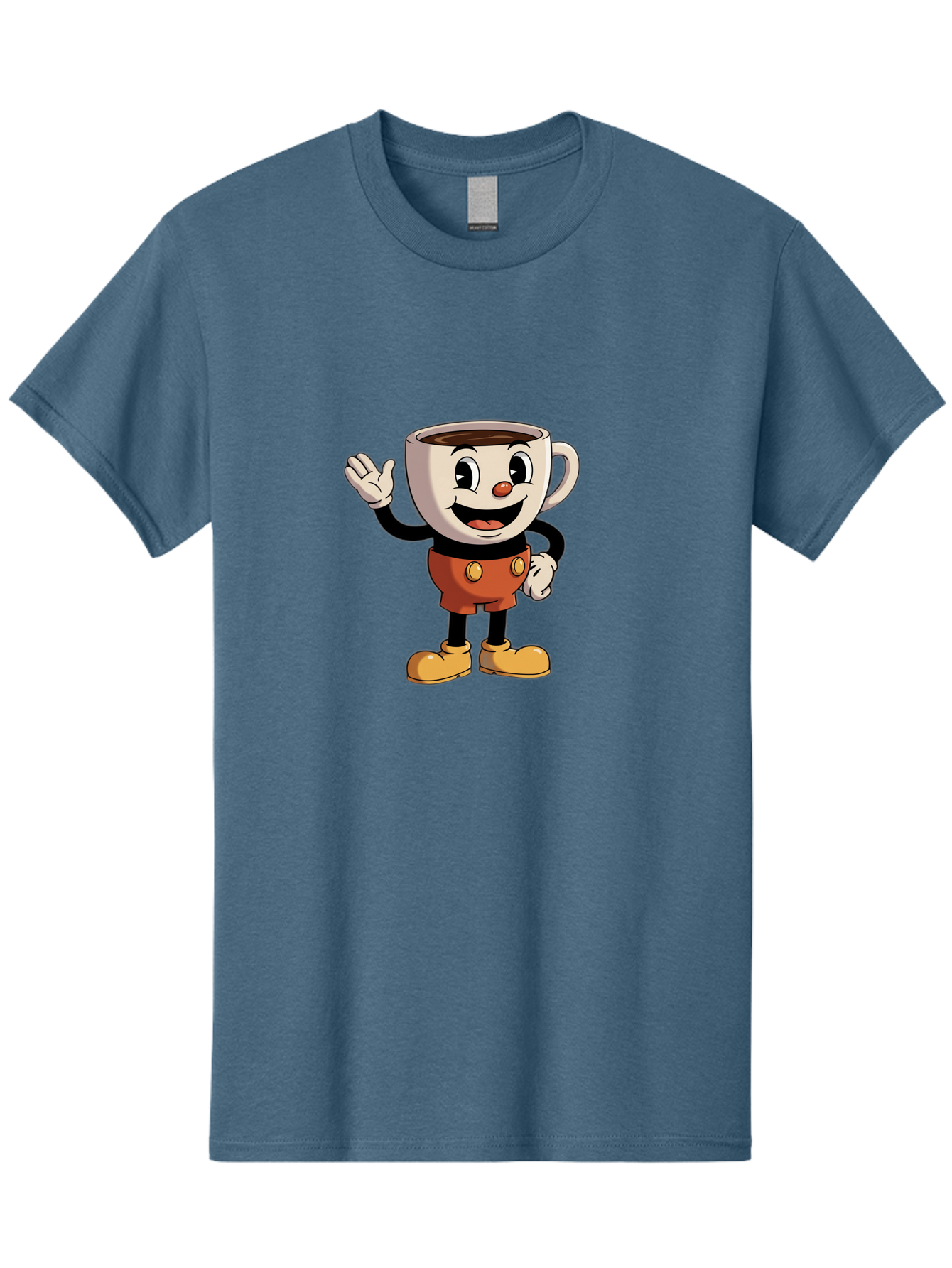Cuphead Men'S Graphic Tee, 100% Cotton, Comfortable Casual Summer Wear, Machine Washable, Cartoon Character, Coffee Cup, Anthropomorphic Design, Smiling Face, Waving Hand, Orange Overalls, Yellow Buttons, Black Sleeves, White Gloves, Baa425 29