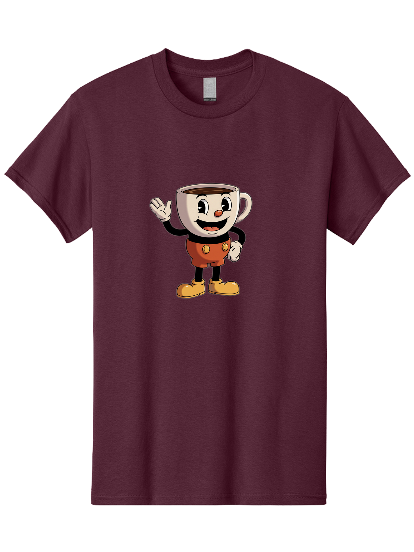 Cuphead Men'S Graphic Tee, 100% Cotton, Comfortable Casual Summer Wear, Machine Washable, Cartoon Character, Coffee Cup, Anthropomorphic Design, Smiling Face, Waving Hand, Orange Overalls, Yellow Buttons, Black Sleeves, White Gloves, Baa425 17