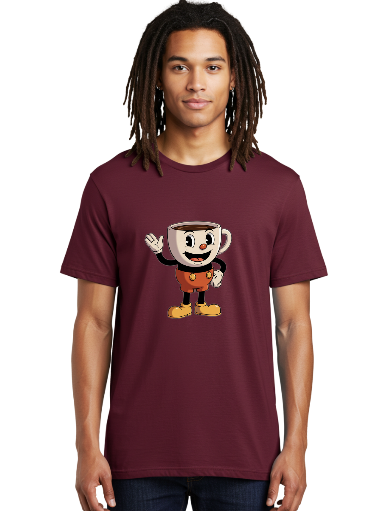 Cuphead Men'S Graphic Tee, 100% Cotton, Comfortable Casual Summer Wear, Machine Washable, Cartoon Character, Coffee Cup, Anthropomorphic Design, Smiling Face, Waving Hand, Orange Overalls, Yellow Buttons, Black Sleeves, White Gloves, Baa425 18