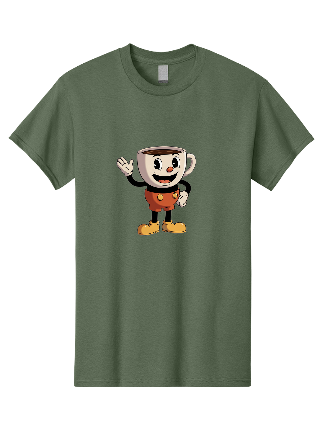 Cuphead Men'S Graphic Tee, 100% Cotton, Comfortable Casual Summer Wear, Machine Washable, Cartoon Character, Coffee Cup, Anthropomorphic Design, Smiling Face, Waving Hand, Orange Overalls, Yellow Buttons, Black Sleeves, White Gloves, Baa425 5