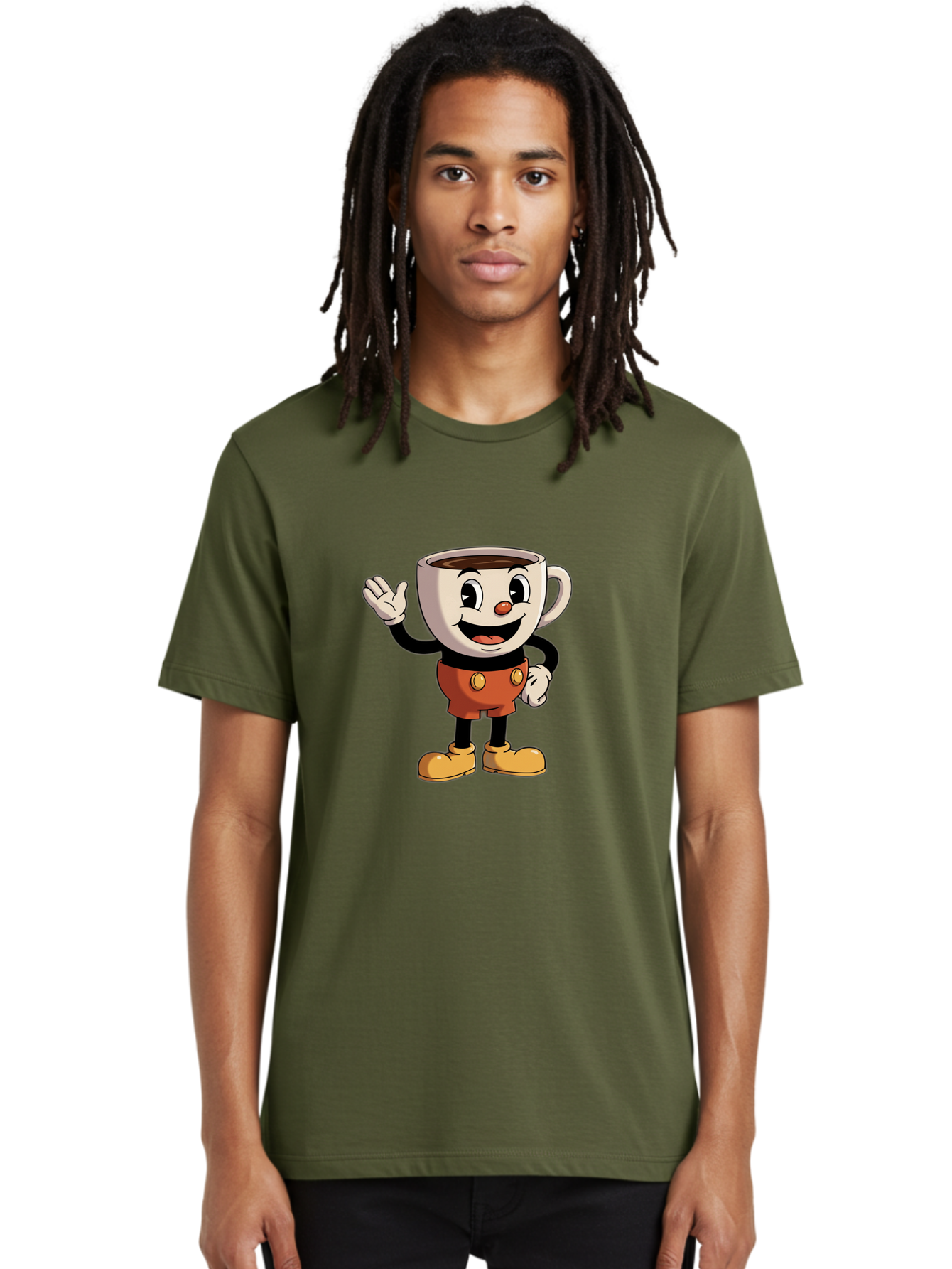 Cuphead Men'S Graphic Tee, 100% Cotton, Comfortable Casual Summer Wear, Machine Washable, Cartoon Character, Coffee Cup, Anthropomorphic Design, Smiling Face, Waving Hand, Orange Overalls, Yellow Buttons, Black Sleeves, White Gloves, Baa425 6