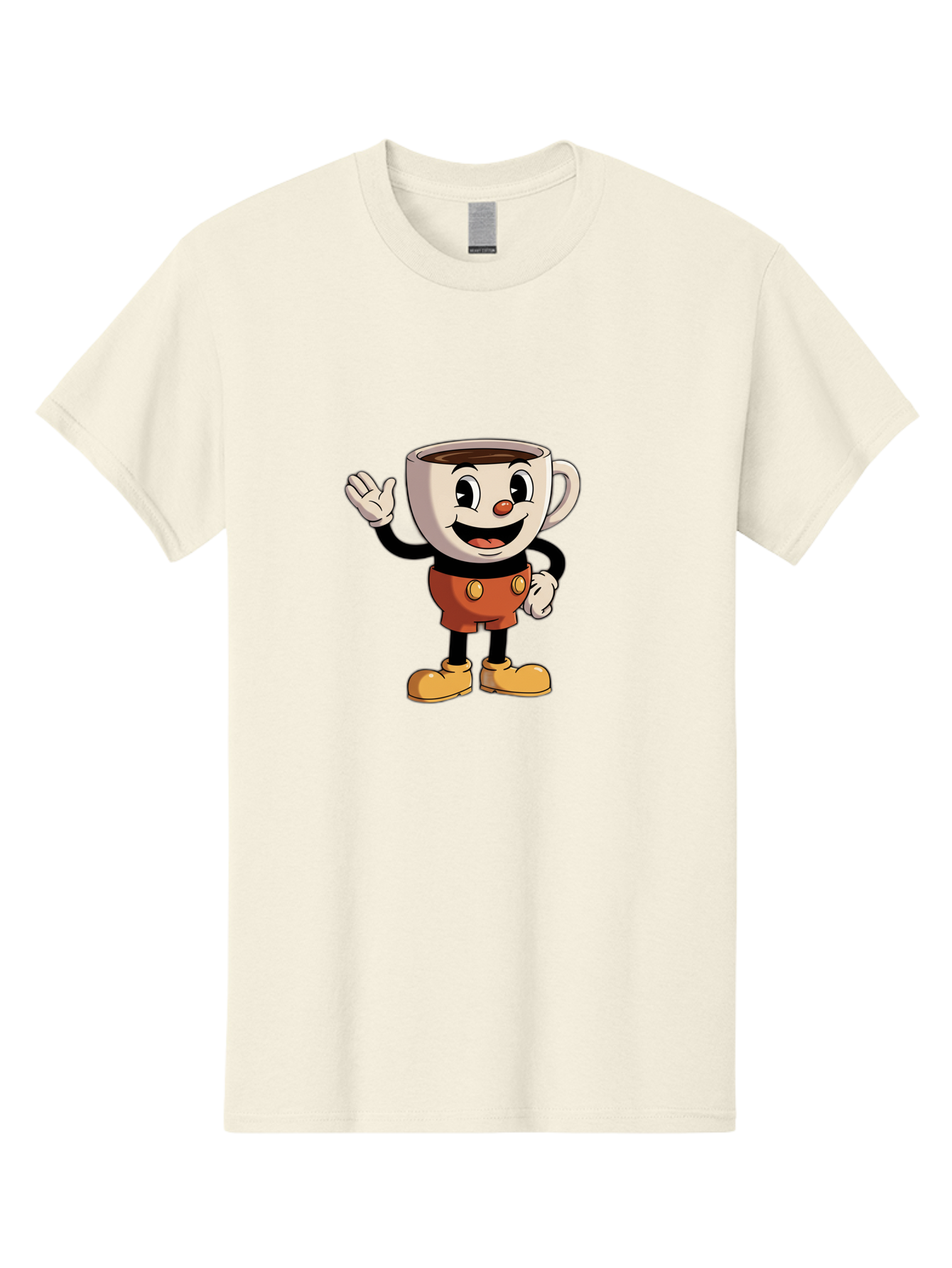 Cuphead Men'S Graphic Tee, 100% Cotton, Comfortable Casual Summer Wear, Machine Washable, Cartoon Character, Coffee Cup, Anthropomorphic Design, Smiling Face, Waving Hand, Orange Overalls, Yellow Buttons, Black Sleeves, White Gloves, Baa425 7