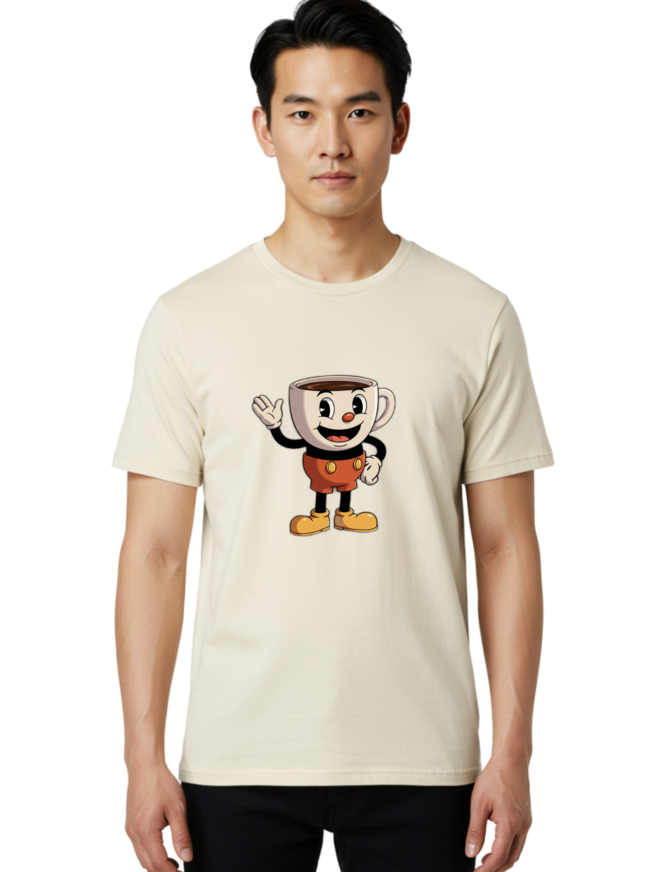 Cuphead Men'S Graphic Tee, 100% Cotton, Comfortable Casual Summer Wear, Machine Washable, Cartoon Character, Coffee Cup, Anthropomorphic Design, Smiling Face, Waving Hand, Orange Overalls, Yellow Buttons, Black Sleeves, White Gloves, Baa425 8
