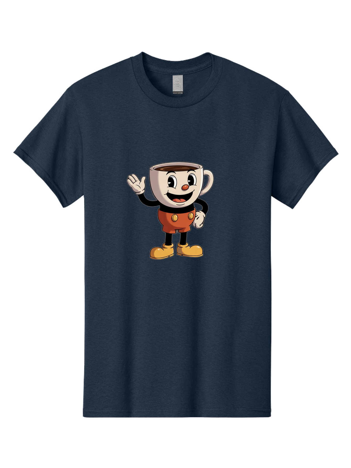 Cuphead Men'S Graphic Tee, 100% Cotton, Comfortable Casual Summer Wear, Machine Washable, Cartoon Character, Coffee Cup, Anthropomorphic Design, Smiling Face, Waving Hand, Orange Overalls, Yellow Buttons, Black Sleeves, White Gloves, Baa425 21