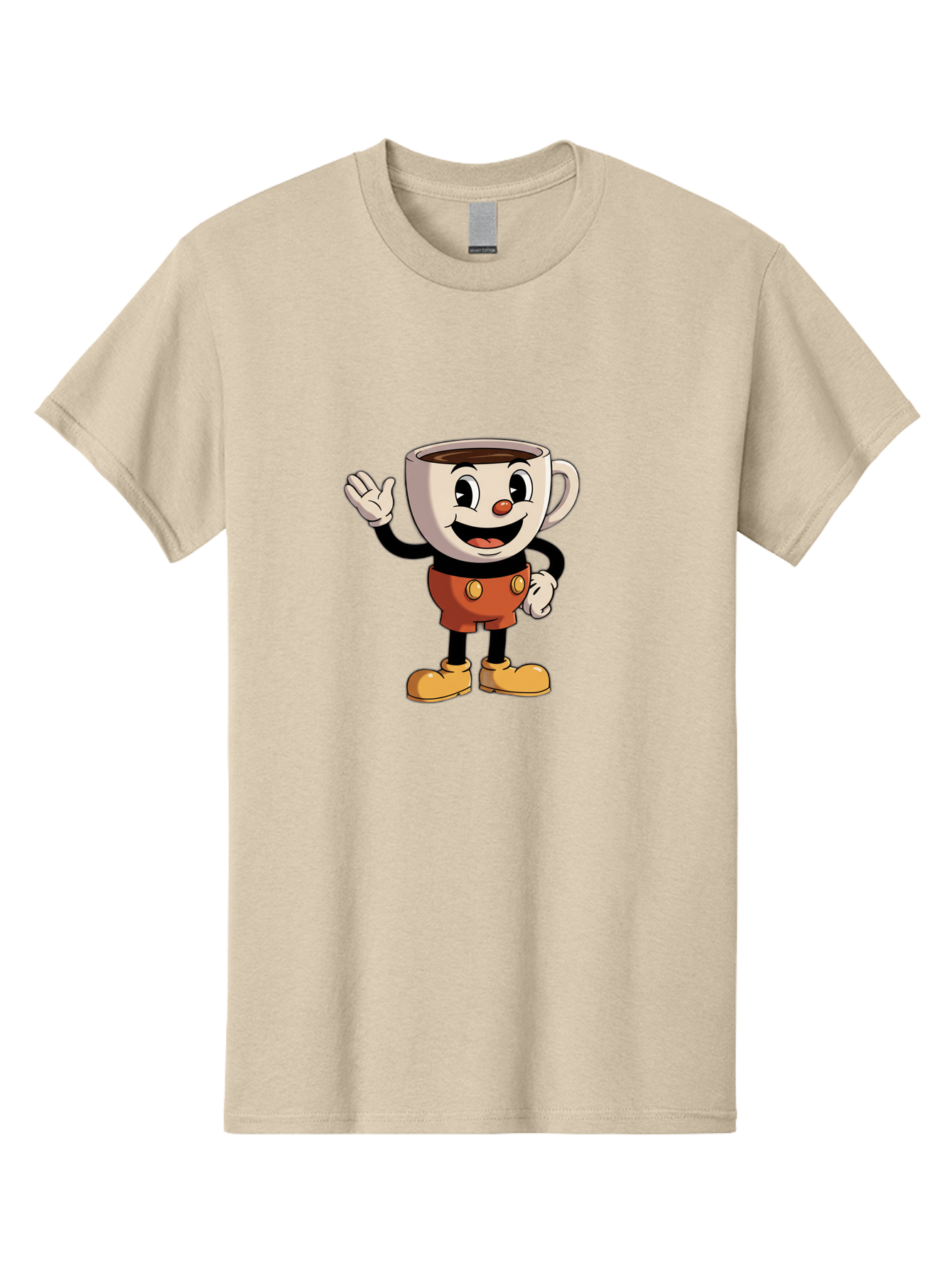 Cuphead Men'S Graphic Tee, 100% Cotton, Comfortable Casual Summer Wear, Machine Washable, Cartoon Character, Coffee Cup, Anthropomorphic Design, Smiling Face, Waving Hand, Orange Overalls, Yellow Buttons, Black Sleeves, White Gloves, Baa425 23