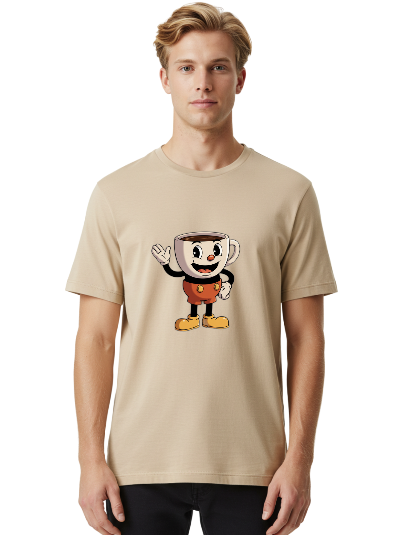 Cuphead Men'S Graphic Tee, 100% Cotton, Comfortable Casual Summer Wear, Machine Washable, Cartoon Character, Coffee Cup, Anthropomorphic Design, Smiling Face, Waving Hand, Orange Overalls, Yellow Buttons, Black Sleeves, White Gloves, Baa425 24