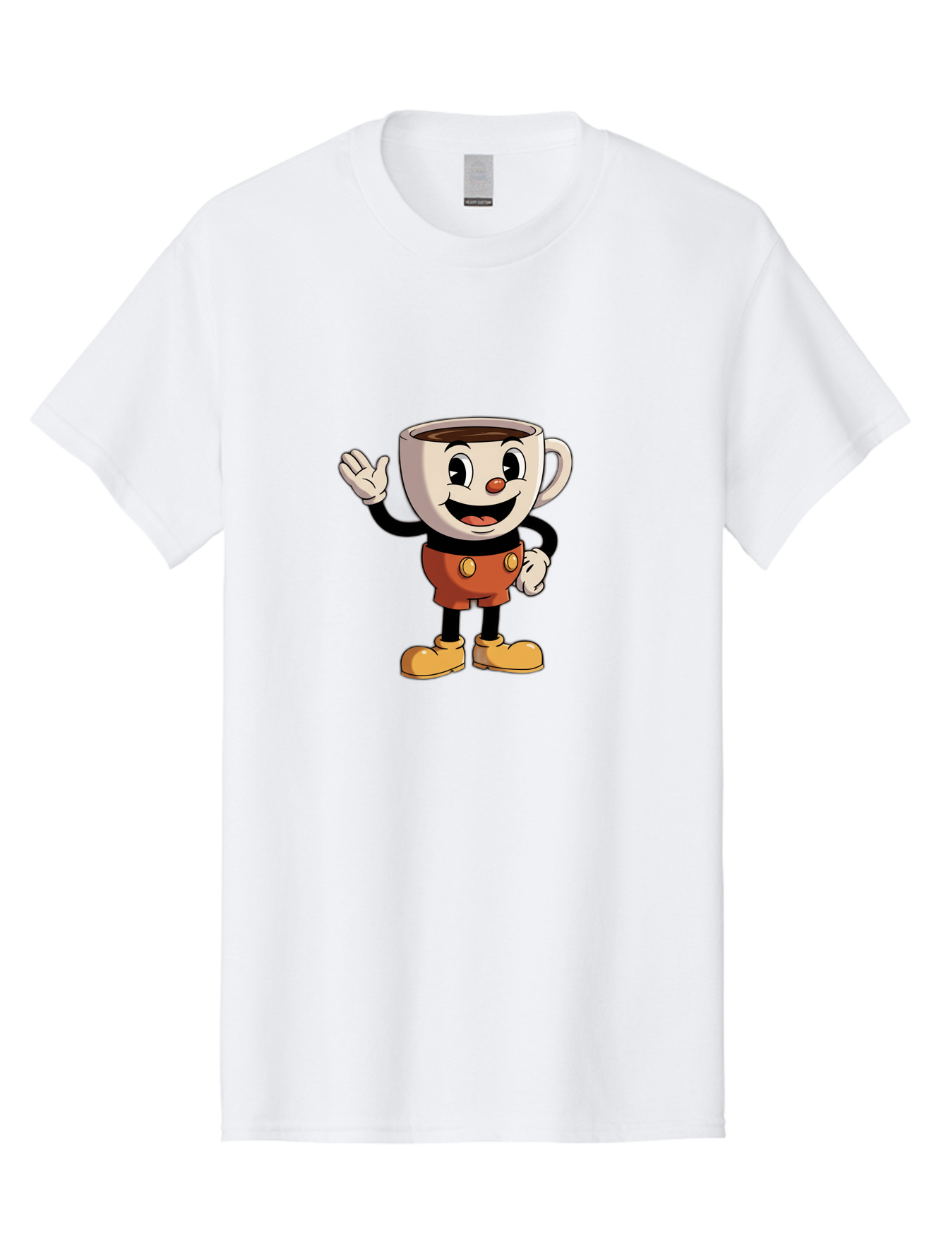 Cuphead Men'S Graphic Tee, 100% Cotton, Comfortable Casual Summer Wear, Machine Washable, Cartoon Character, Coffee Cup, Anthropomorphic Design, Smiling Face, Waving Hand, Orange Overalls, Yellow Buttons, Black Sleeves, White Gloves, Baa425 25