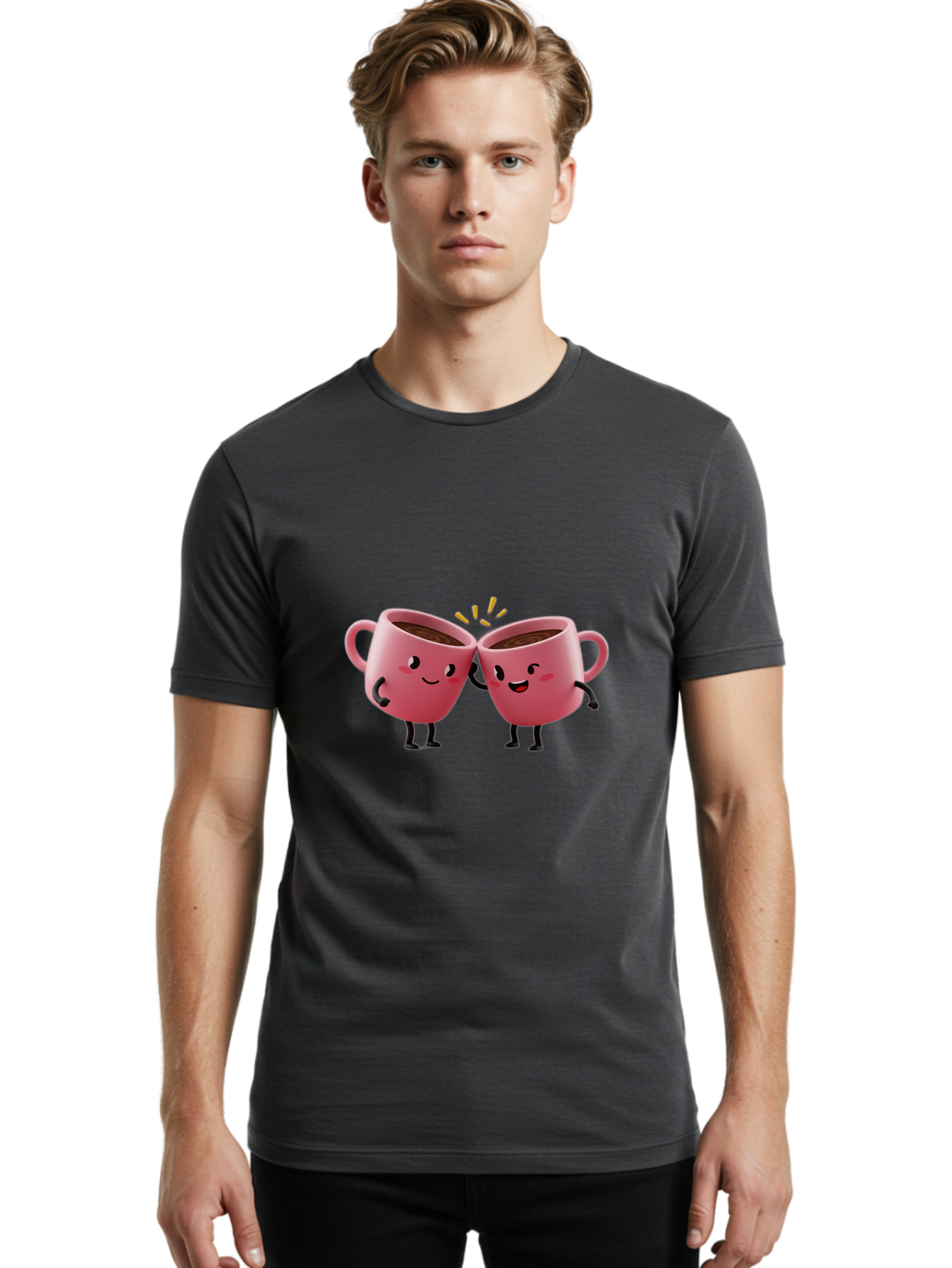 Cups-Toasting Men'S Graphic Tee, 100% Cotton, Comfortable Casual Summer Wear, Machine Washable, Two Pink Coffee Mugs Cheering, Happy Coffee Cups, Cartoon Characters, Friendship, Coffee Break, Coffee Lovers, Adorable Illustration, Baa428 16