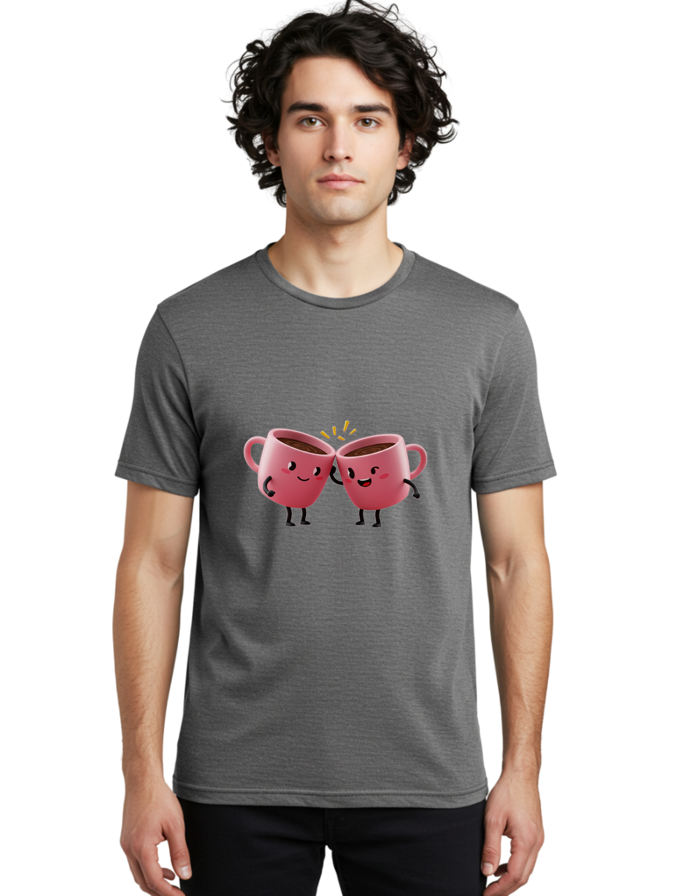 Cups-Toasting Men'S Graphic Tee, 100% Cotton, Comfortable Casual Summer Wear, Machine Washable, Two Pink Coffee Mugs Cheering, Happy Coffee Cups, Cartoon Characters, Friendship, Coffee Break, Coffee Lovers, Adorable Illustration, Baa428 22
