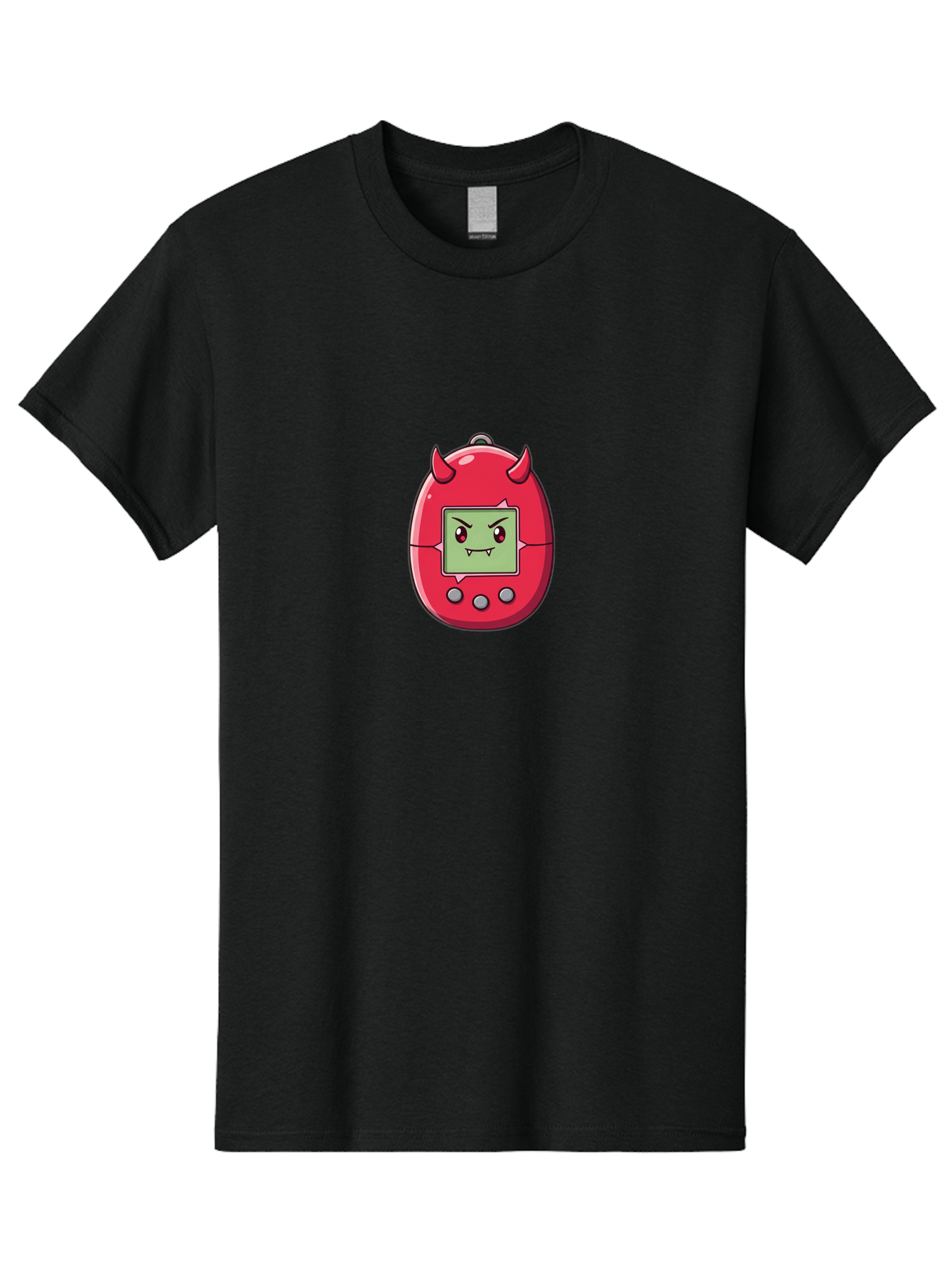 Digital-Monster Men'S Graphic Tee, 100% Cotton, Comfortable Casual Summer Wear, Machine Washable, Retro Digital Pet, Tamagotchi Toy, Cartoon Character, Devil Horns, Angry Face, Red And Green Colors, Nostalgic Gaming, Childhood Memories, Baa450 15