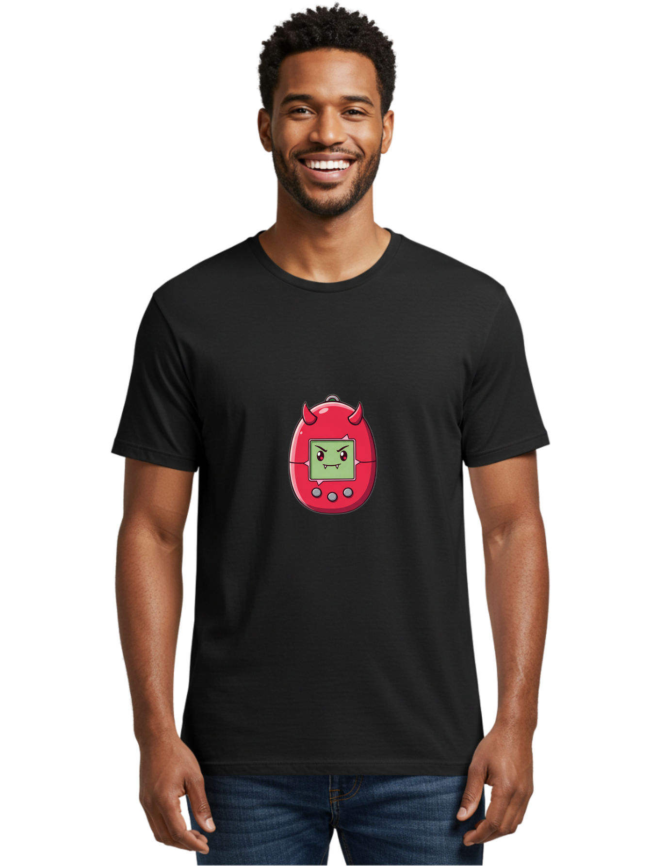 Digital-Monster Men'S Graphic Tee, 100% Cotton, Comfortable Casual Summer Wear, Machine Washable, Retro Digital Pet, Tamagotchi Toy, Cartoon Character, Devil Horns, Angry Face, Red And Green Colors, Nostalgic Gaming, Childhood Memories, Baa450 16