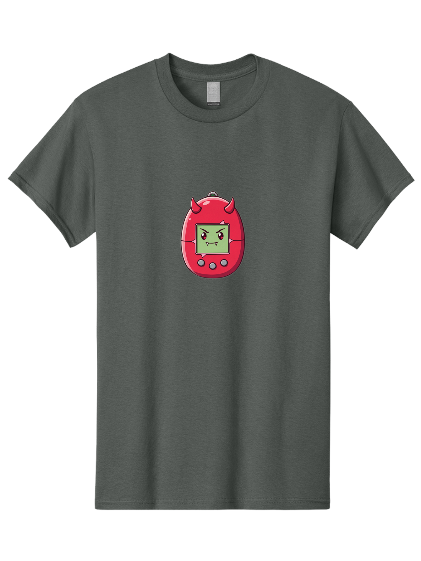 Digital-Monster Men'S Graphic Tee, 100% Cotton, Comfortable Casual Summer Wear, Machine Washable, Retro Digital Pet, Tamagotchi Toy, Cartoon Character, Devil Horns, Angry Face, Red And Green Colors, Nostalgic Gaming, Childhood Memories, Baa450 25