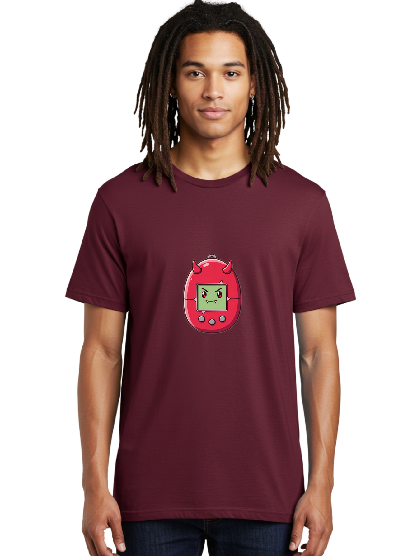 Digital-Monster Men'S Graphic Tee, 100% Cotton, Comfortable Casual Summer Wear, Machine Washable, Retro Digital Pet, Tamagotchi Toy, Cartoon Character, Devil Horns, Angry Face, Red And Green Colors, Nostalgic Gaming, Childhood Memories, Baa450 20