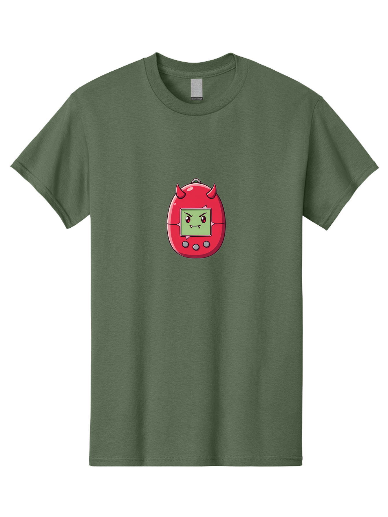 Digital-Monster Men'S Graphic Tee, 100% Cotton, Comfortable Casual Summer Wear, Machine Washable, Retro Digital Pet, Tamagotchi Toy, Cartoon Character, Devil Horns, Angry Face, Red And Green Colors, Nostalgic Gaming, Childhood Memories, Baa450 1