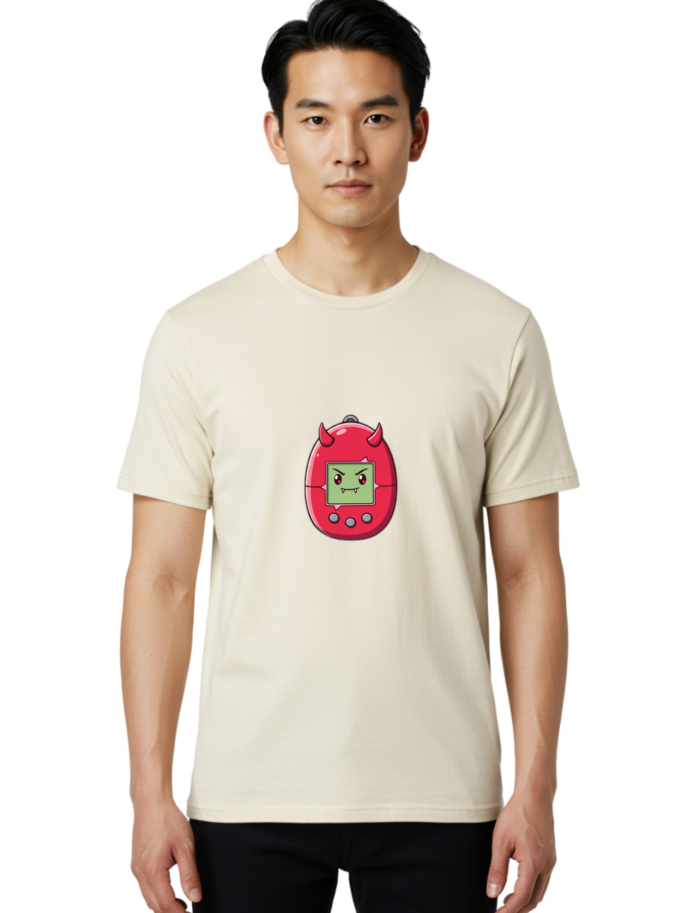 Digital-Monster Men'S Graphic Tee, 100% Cotton, Comfortable Casual Summer Wear, Machine Washable, Retro Digital Pet, Tamagotchi Toy, Cartoon Character, Devil Horns, Angry Face, Red And Green Colors, Nostalgic Gaming, Childhood Memories, Baa450 30