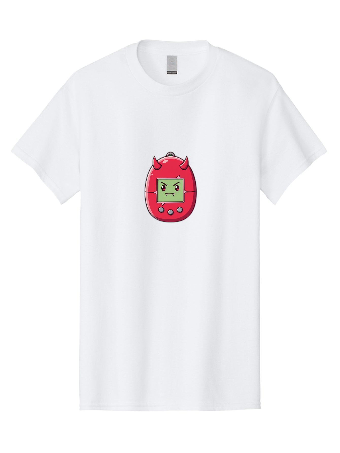 Digital-Monster Men'S Graphic Tee, 100% Cotton, Comfortable Casual Summer Wear, Machine Washable, Retro Digital Pet, Tamagotchi Toy, Cartoon Character, Devil Horns, Angry Face, Red And Green Colors, Nostalgic Gaming, Childhood Memories, Baa450 23