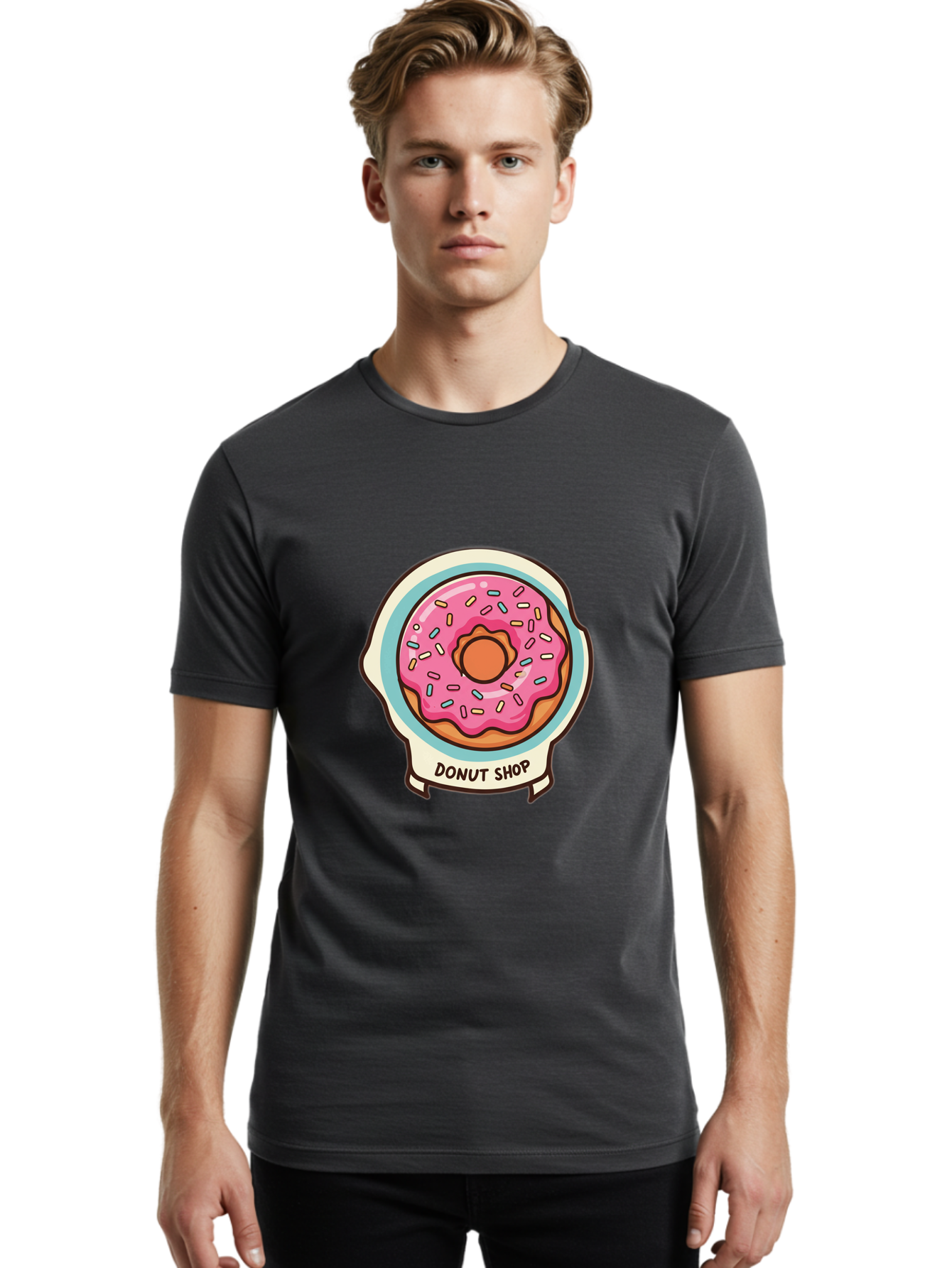 Donut-Shop Men'S Graphic Tee, 100% Cotton, Comfortable Casual Summer Wear, Machine Washable, Donut Shop, Pink Frosted Donut, Sprinkles, Sweet Treats, Baked Goods, Tasty Pastries, Donut Lover, Dessert Shop Baa513 8