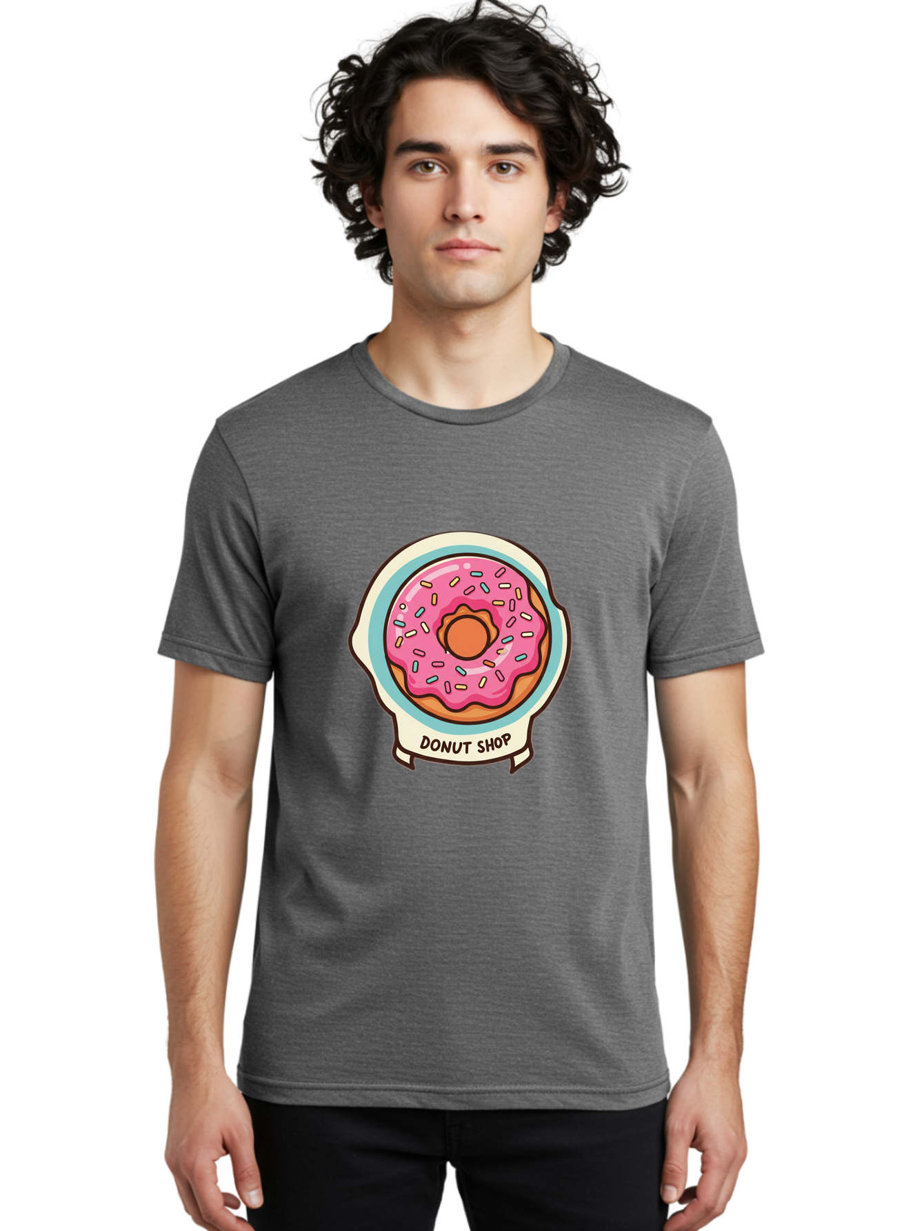 Donut-Shop Men'S Graphic Tee, 100% Cotton, Comfortable Casual Summer Wear, Machine Washable, Donut Shop, Pink Frosted Donut, Sprinkles, Sweet Treats, Baked Goods, Tasty Pastries, Donut Lover, Dessert Shop Baa513 10
