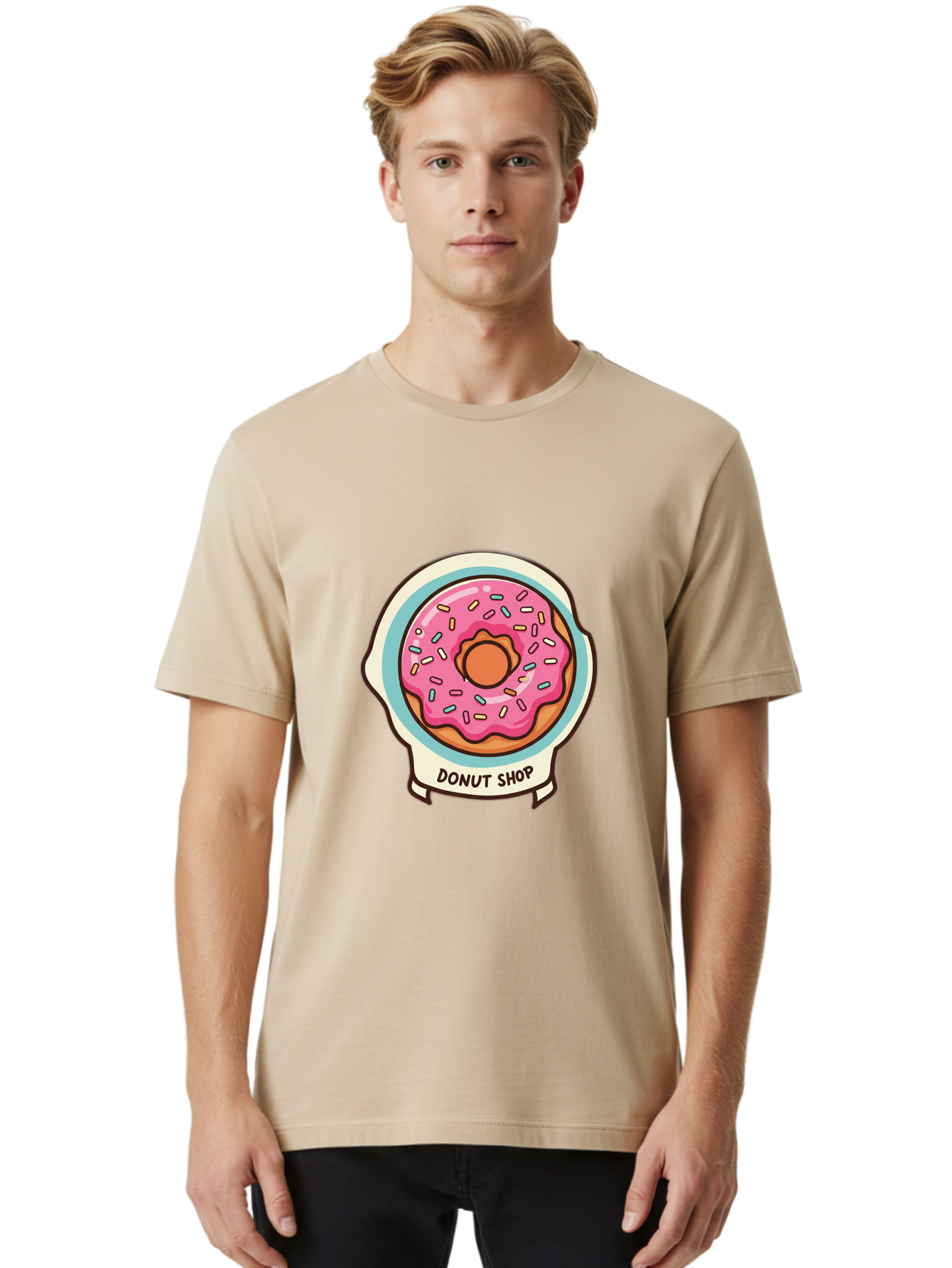 Donut-Shop Men'S Graphic Tee, 100% Cotton, Comfortable Casual Summer Wear, Machine Washable, Donut Shop, Pink Frosted Donut, Sprinkles, Sweet Treats, Baked Goods, Tasty Pastries, Donut Lover, Dessert Shop Baa513 20