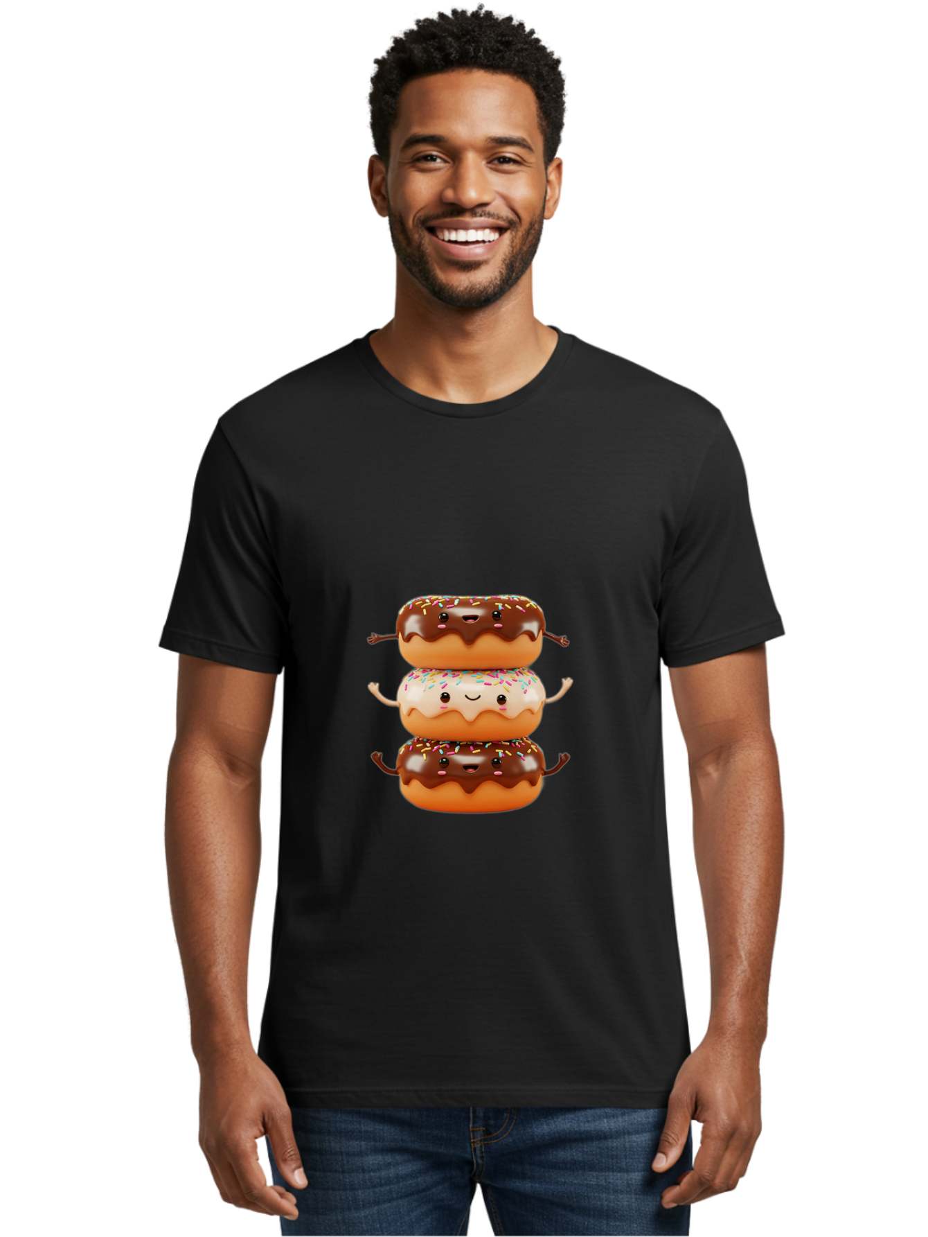 Donut-Stack Men'S Graphic Tee, 100% Cotton, Comfortable Casual Summer Wear, Machine Washable, Stacked Donuts, Chocolate Glazed Donut, Sprinkles Donut, Smiling Faces, Colorful Sweets, Playful Pastries, Sweet Treats, Dessert Lovers, Donut Stack, Baa514 22