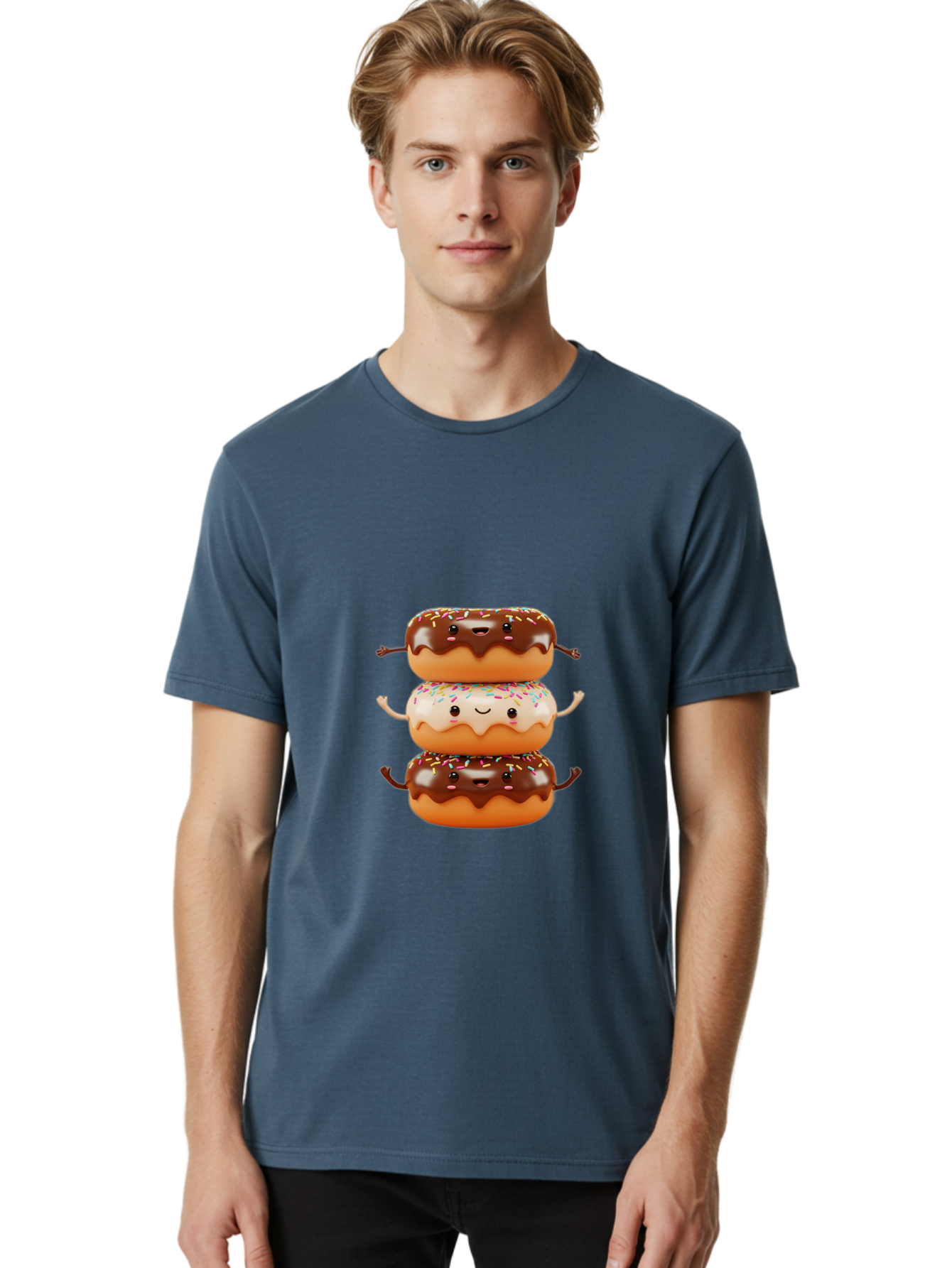Donut-Stack Men'S Graphic Tee, 100% Cotton, Comfortable Casual Summer Wear, Machine Washable, Stacked Donuts, Chocolate Glazed Donut, Sprinkles Donut, Smiling Faces, Colorful Sweets, Playful Pastries, Sweet Treats, Dessert Lovers, Donut Stack, Baa514 26