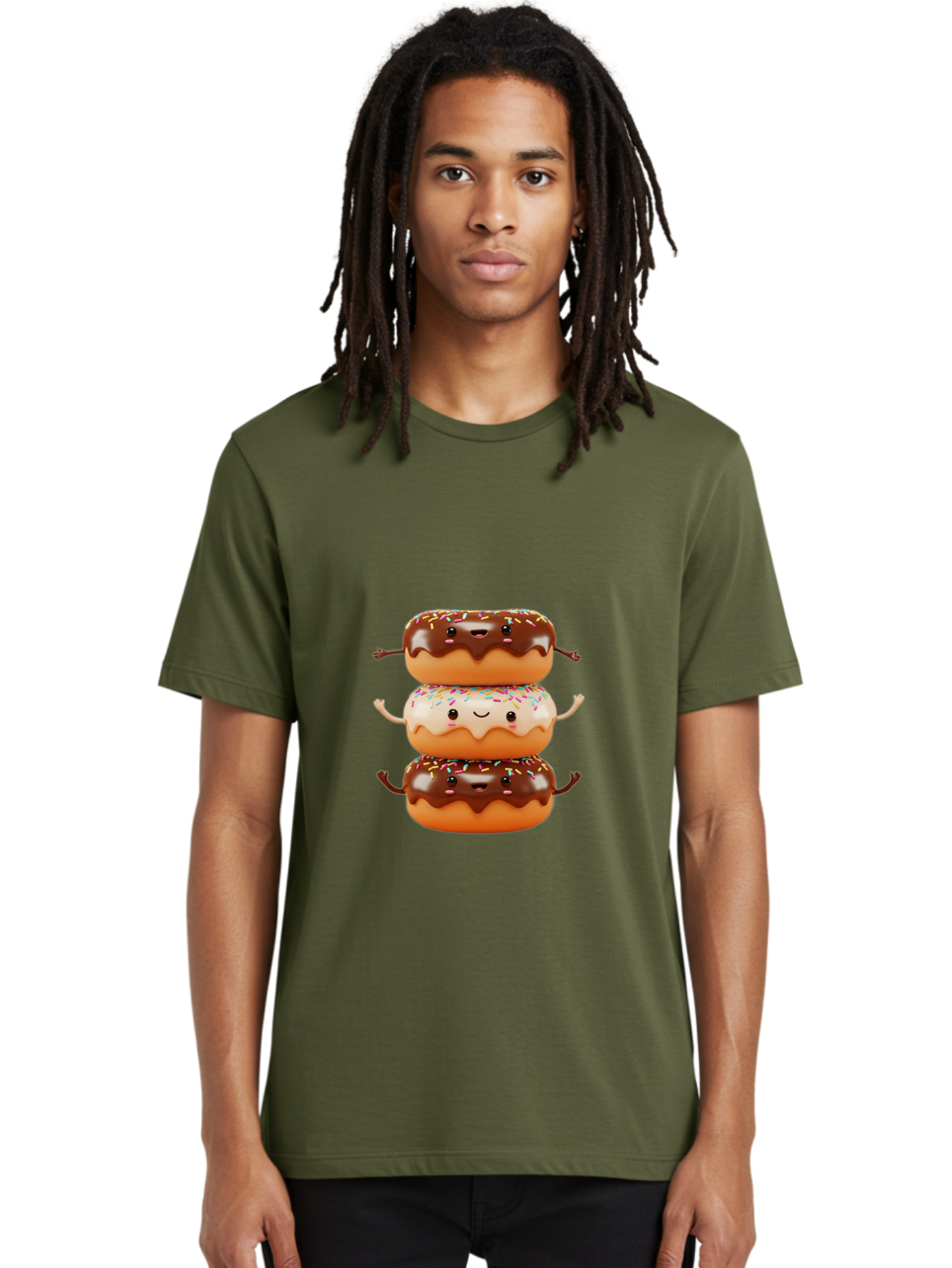 Donut-Stack Men'S Graphic Tee, 100% Cotton, Comfortable Casual Summer Wear, Machine Washable, Stacked Donuts, Chocolate Glazed Donut, Sprinkles Donut, Smiling Faces, Colorful Sweets, Playful Pastries, Sweet Treats, Dessert Lovers, Donut Stack, Baa514 16
