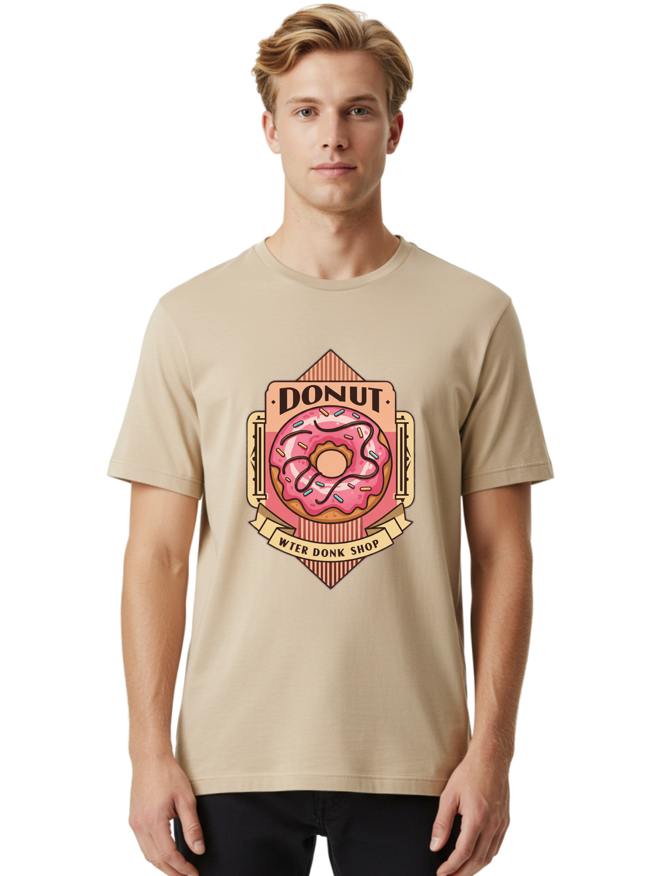 Donut-Wter-Donk-Shop Men'S Graphic Tee, 100% Cotton, Comfortable Casual Summer Wear, Machine Washable, Vintage Donut Illustration, Retro Donut Shop Signage, Sweet Treats, Dessert Lovers, Tasty Donuts, Donut Shop Branding, Classic Donut Design, Baa517 20
