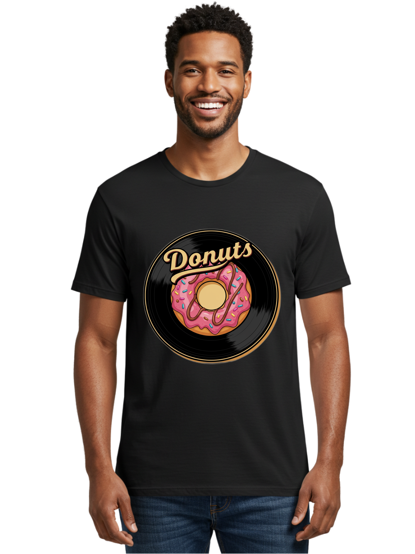 Donuts-3 Men'S Graphic Tee, 100% Cotton, Comfortable Casual Summer Wear, Machine Washable, Donut On Vinyl Record, Pink Donut With Sprinkles, Chocolate Drizzle, Sweet Treat, Retro Design, Donut Love, Vinyl Record Art, Donut Illustration Baa521 18