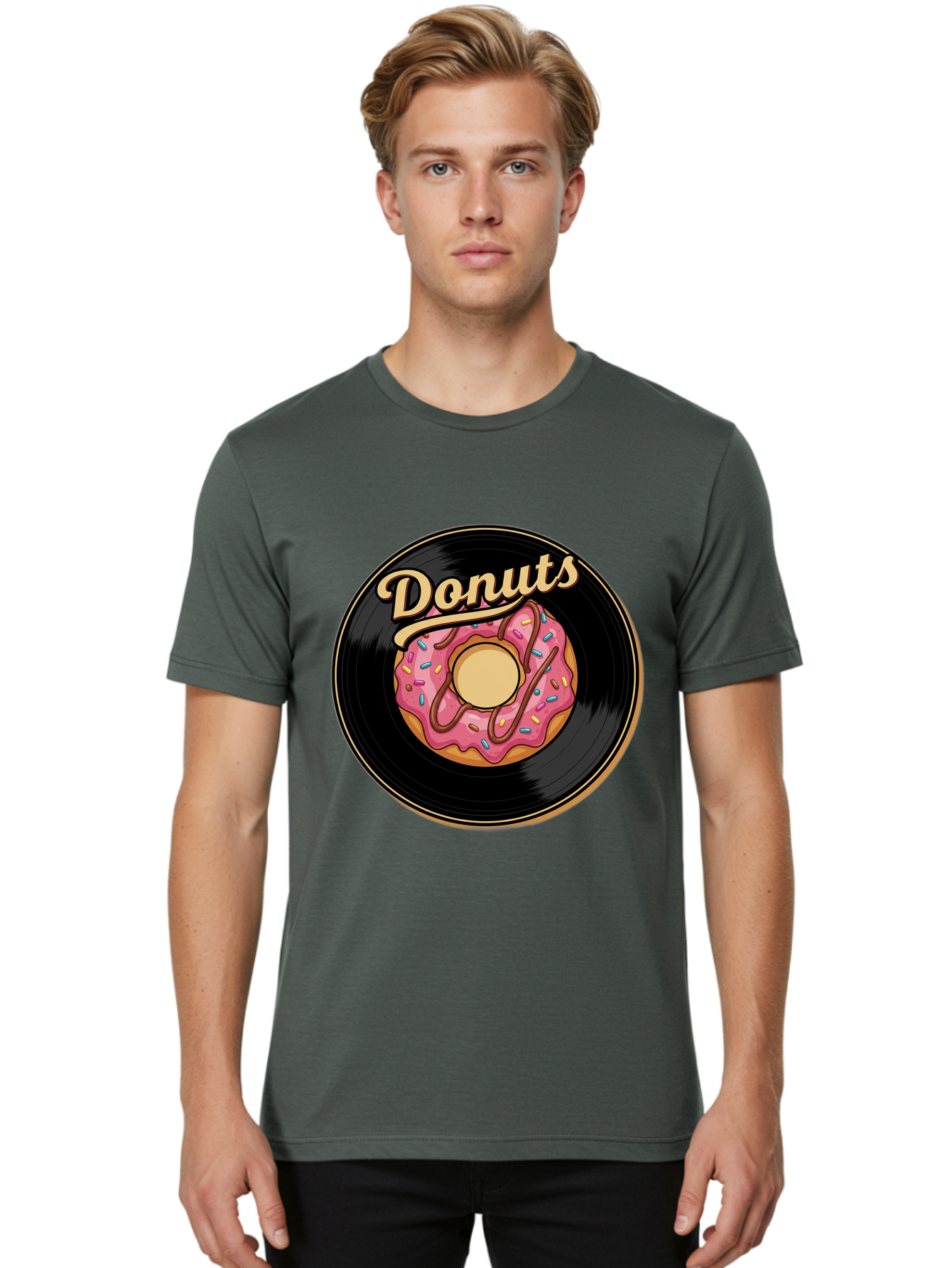 Donuts-3 Men'S Graphic Tee, 100% Cotton, Comfortable Casual Summer Wear, Machine Washable, Donut On Vinyl Record, Pink Donut With Sprinkles, Chocolate Drizzle, Sweet Treat, Retro Design, Donut Love, Vinyl Record Art, Donut Illustration Baa521 28