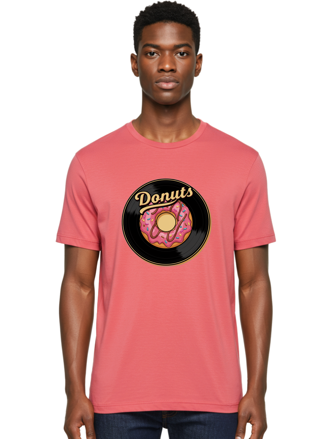 Donuts-3 Men'S Graphic Tee, 100% Cotton, Comfortable Casual Summer Wear, Machine Washable, Donut On Vinyl Record, Pink Donut With Sprinkles, Chocolate Drizzle, Sweet Treat, Retro Design, Donut Love, Vinyl Record Art, Donut Illustration Baa521 26