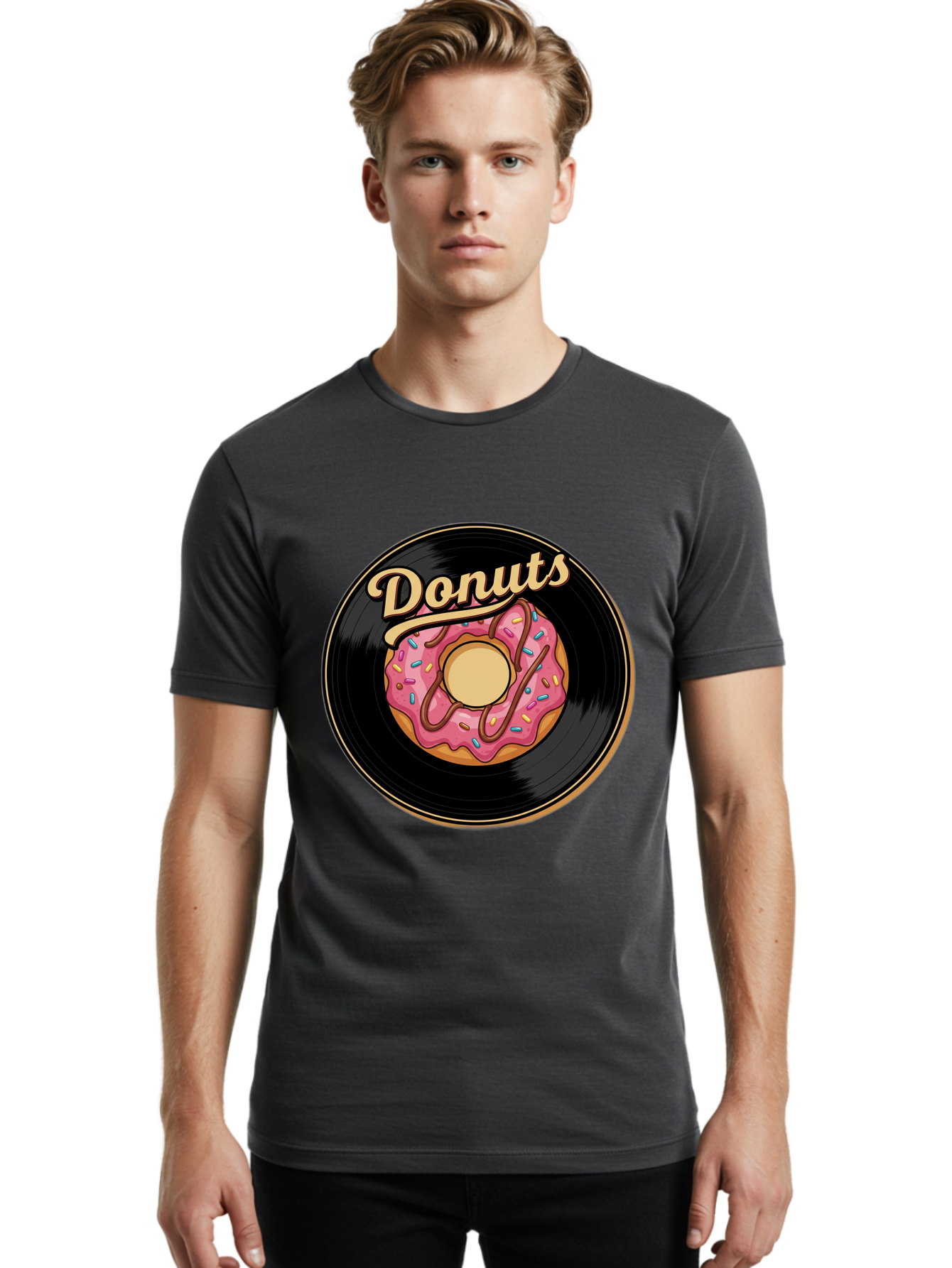 Donuts-3 Men'S Graphic Tee, 100% Cotton, Comfortable Casual Summer Wear, Machine Washable, Donut On Vinyl Record, Pink Donut With Sprinkles, Chocolate Drizzle, Sweet Treat, Retro Design, Donut Love, Vinyl Record Art, Donut Illustration Baa521 8