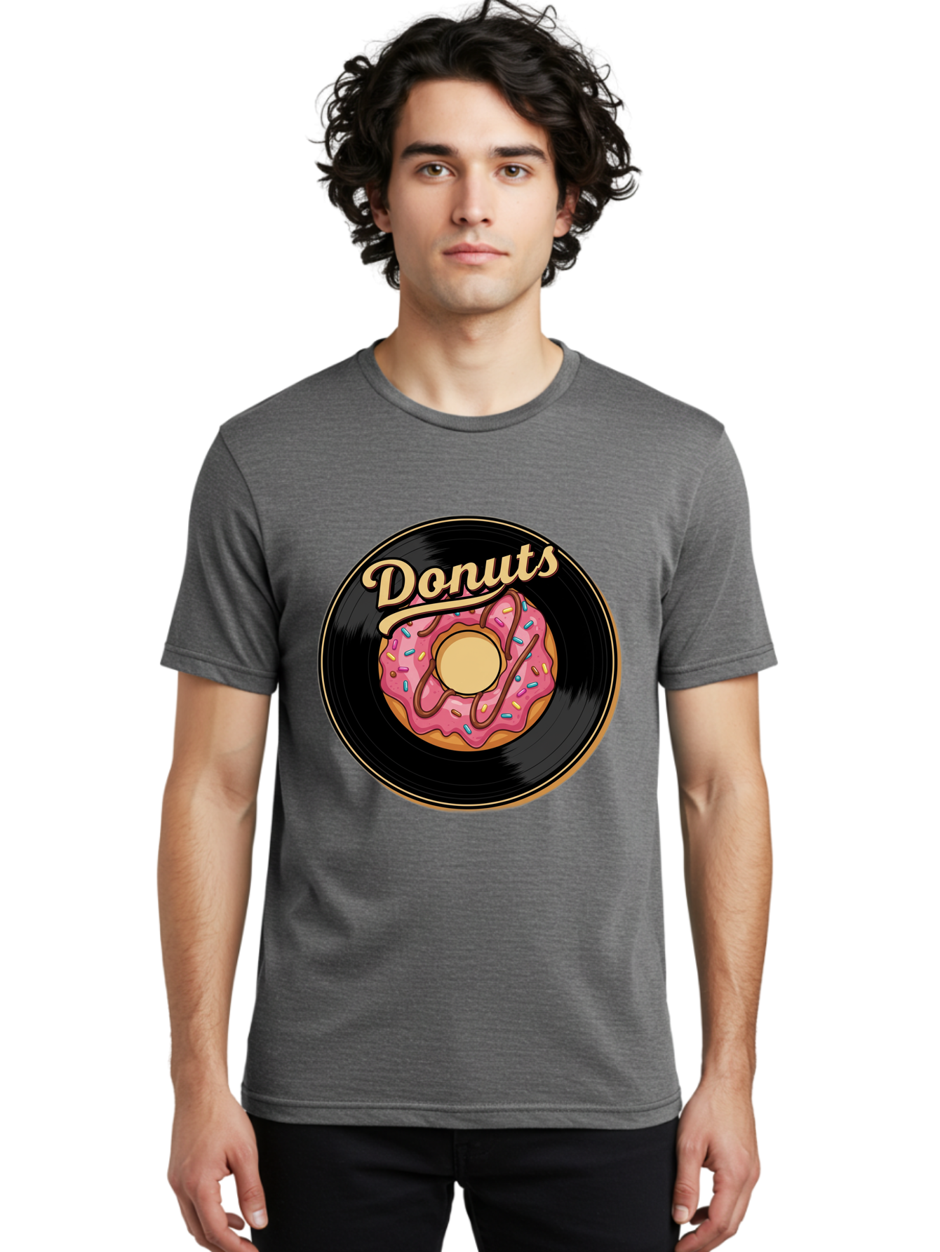 Donuts-3 Men'S Graphic Tee, 100% Cotton, Comfortable Casual Summer Wear, Machine Washable, Donut On Vinyl Record, Pink Donut With Sprinkles, Chocolate Drizzle, Sweet Treat, Retro Design, Donut Love, Vinyl Record Art, Donut Illustration Baa521 16