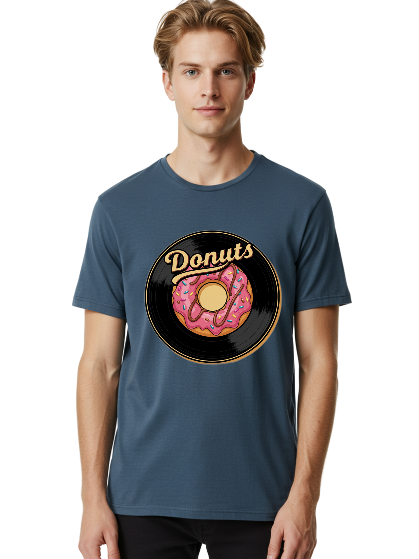 Donuts-3 Men'S Graphic Tee, 100% Cotton, Comfortable Casual Summer Wear, Machine Washable, Donut On Vinyl Record, Pink Donut With Sprinkles, Chocolate Drizzle, Sweet Treat, Retro Design, Donut Love, Vinyl Record Art, Donut Illustration Baa521 20