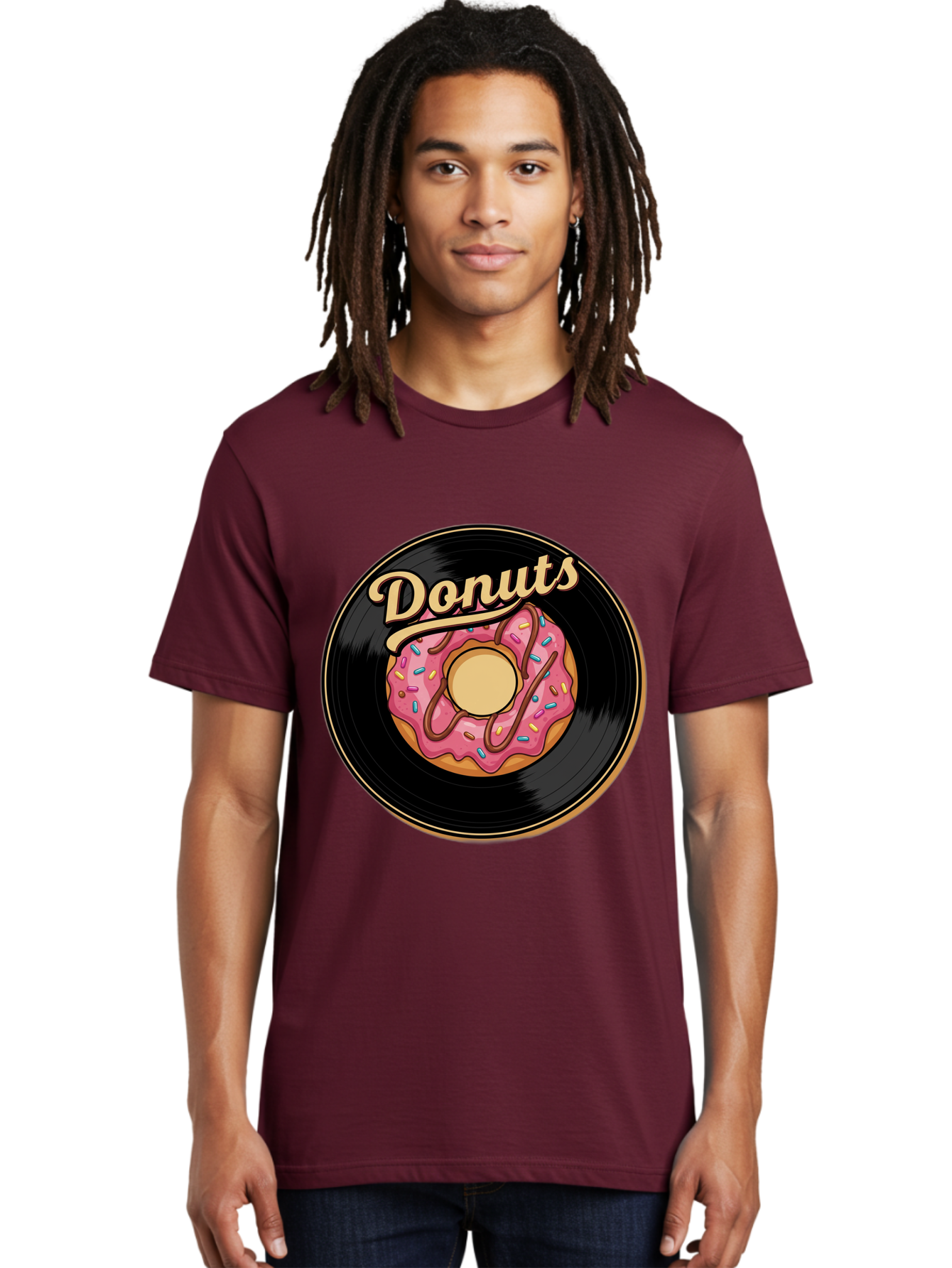 Donuts-3 Men'S Graphic Tee, 100% Cotton, Comfortable Casual Summer Wear, Machine Washable, Donut On Vinyl Record, Pink Donut With Sprinkles, Chocolate Drizzle, Sweet Treat, Retro Design, Donut Love, Vinyl Record Art, Donut Illustration Baa521 6