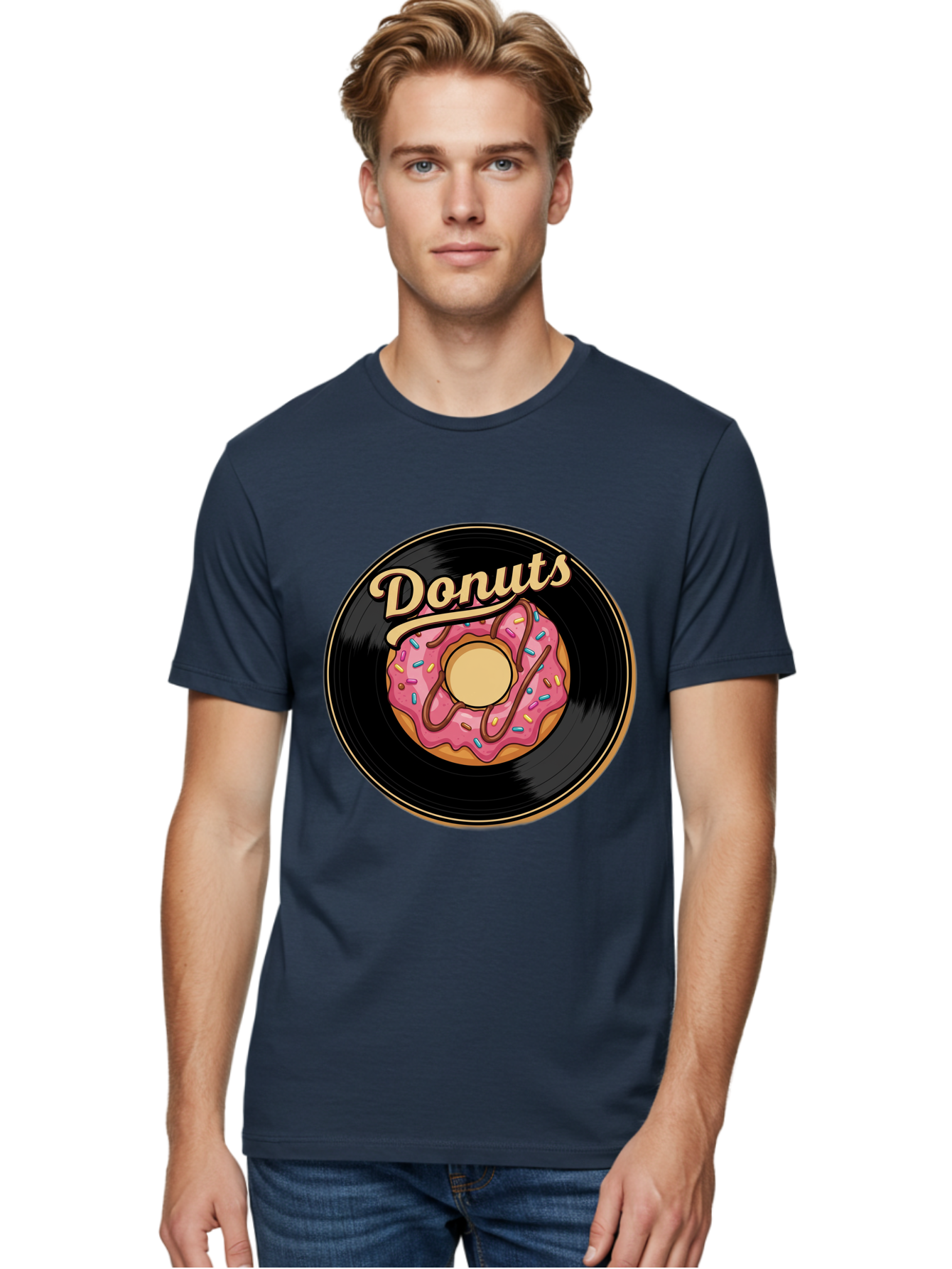 Donuts-3 Men'S Graphic Tee, 100% Cotton, Comfortable Casual Summer Wear, Machine Washable, Donut On Vinyl Record, Pink Donut With Sprinkles, Chocolate Drizzle, Sweet Treat, Retro Design, Donut Love, Vinyl Record Art, Donut Illustration Baa521 24