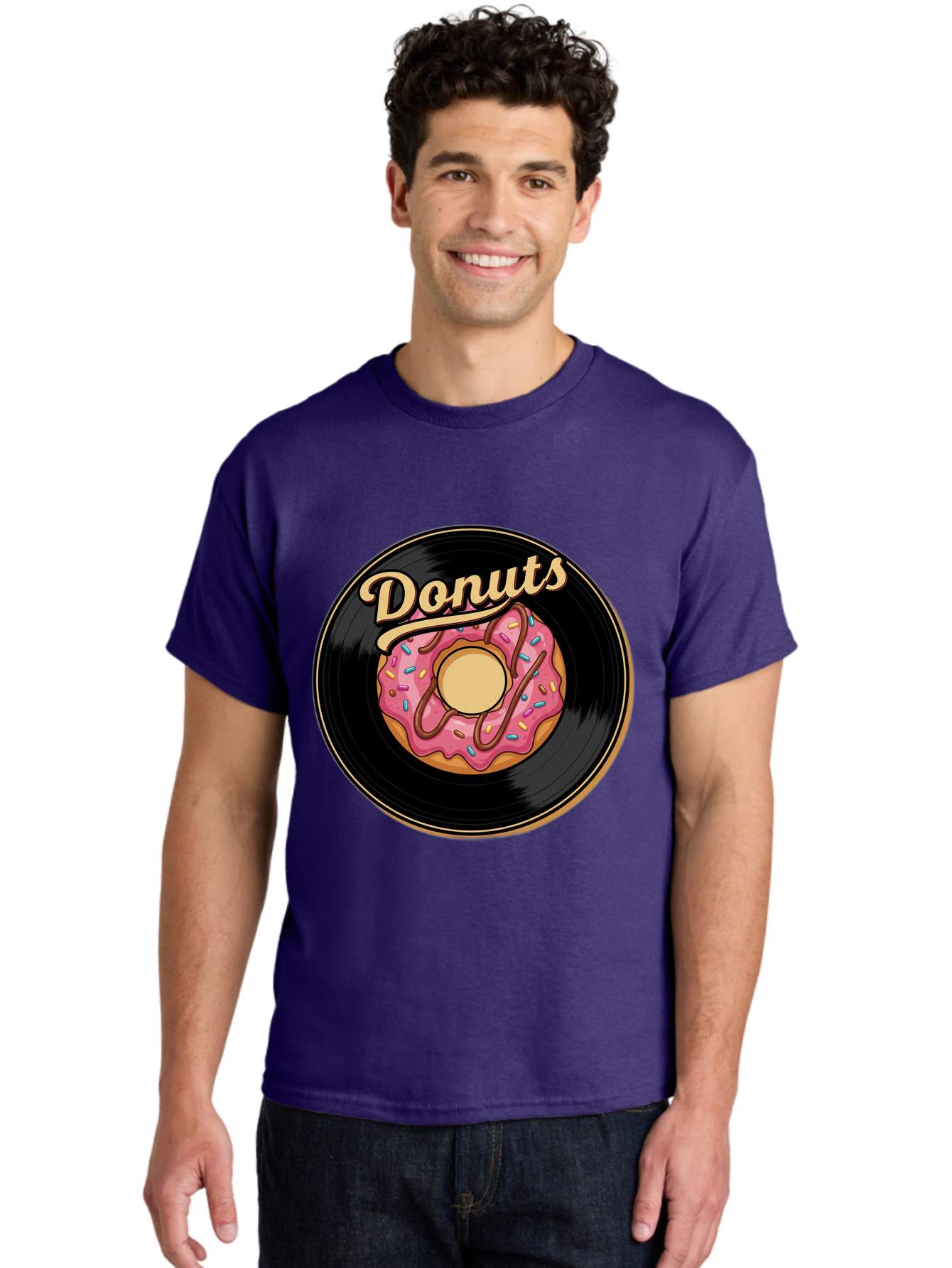 Donuts-3 Men'S Graphic Tee, 100% Cotton, Comfortable Casual Summer Wear, Machine Washable, Donut On Vinyl Record, Pink Donut With Sprinkles, Chocolate Drizzle, Sweet Treat, Retro Design, Donut Love, Vinyl Record Art, Donut Illustration Baa521 30
