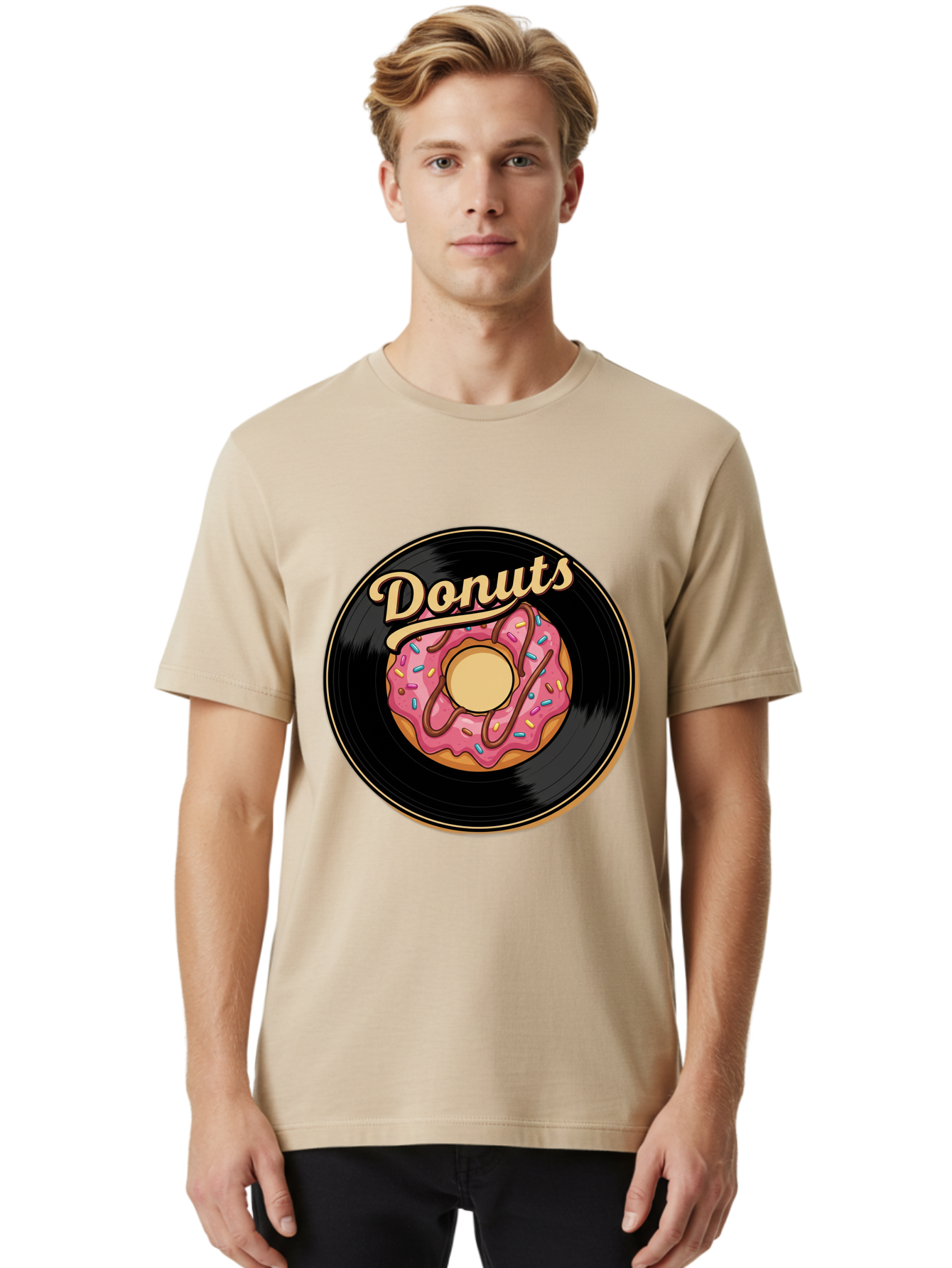 Donuts-3 Men'S Graphic Tee, 100% Cotton, Comfortable Casual Summer Wear, Machine Washable, Donut On Vinyl Record, Pink Donut With Sprinkles, Chocolate Drizzle, Sweet Treat, Retro Design, Donut Love, Vinyl Record Art, Donut Illustration Baa521 4