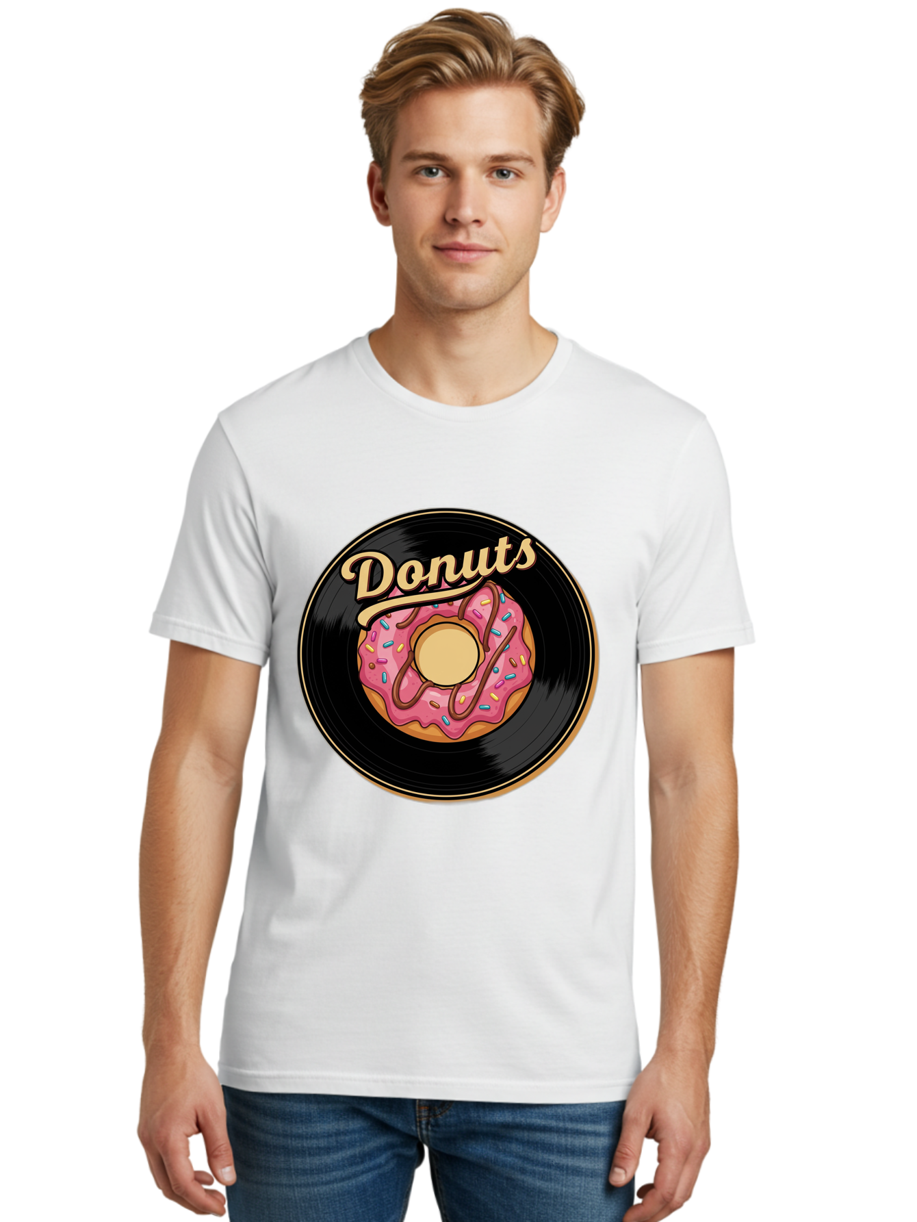 Donuts-3 Men'S Graphic Tee, 100% Cotton, Comfortable Casual Summer Wear, Machine Washable, Donut On Vinyl Record, Pink Donut With Sprinkles, Chocolate Drizzle, Sweet Treat, Retro Design, Donut Love, Vinyl Record Art, Donut Illustration Baa521 10