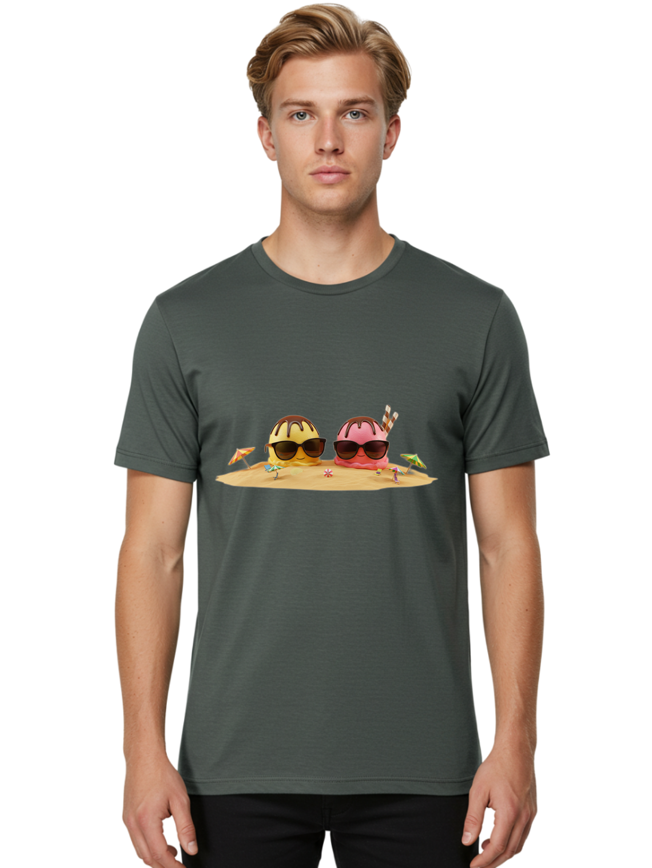 Donuts-On-Island Men'S Graphic Tee, 100% Cotton, Comfortable Casual Summer Wear, Machine Washable, Cupcakes On Island, Sunglasses, Beach Umbrellas, Summer Fun, Cartoon Style, Sweet Treats, Tropical Getaway, Vacation Vibes, Dessert Lovers, Baa527 24