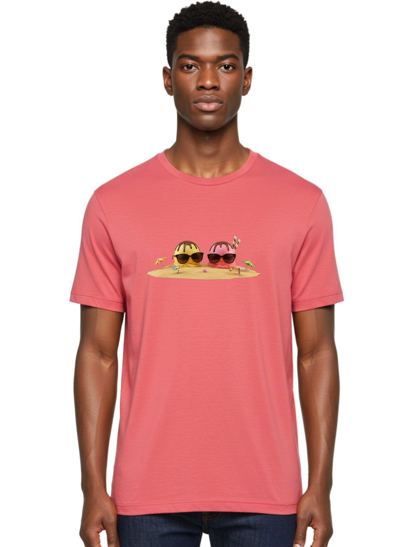 Donuts-On-Island Men'S Graphic Tee, 100% Cotton, Comfortable Casual Summer Wear, Machine Washable, Cupcakes On Island, Sunglasses, Beach Umbrellas, Summer Fun, Cartoon Style, Sweet Treats, Tropical Getaway, Vacation Vibes, Dessert Lovers, Baa527 4